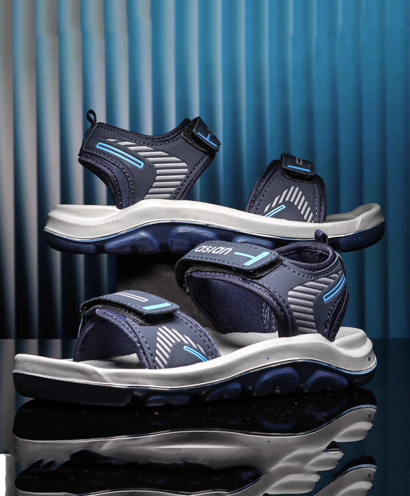 asian Abstract Designed Velcro Closure Sandals - Navy Blue & Sky Blue-image-30