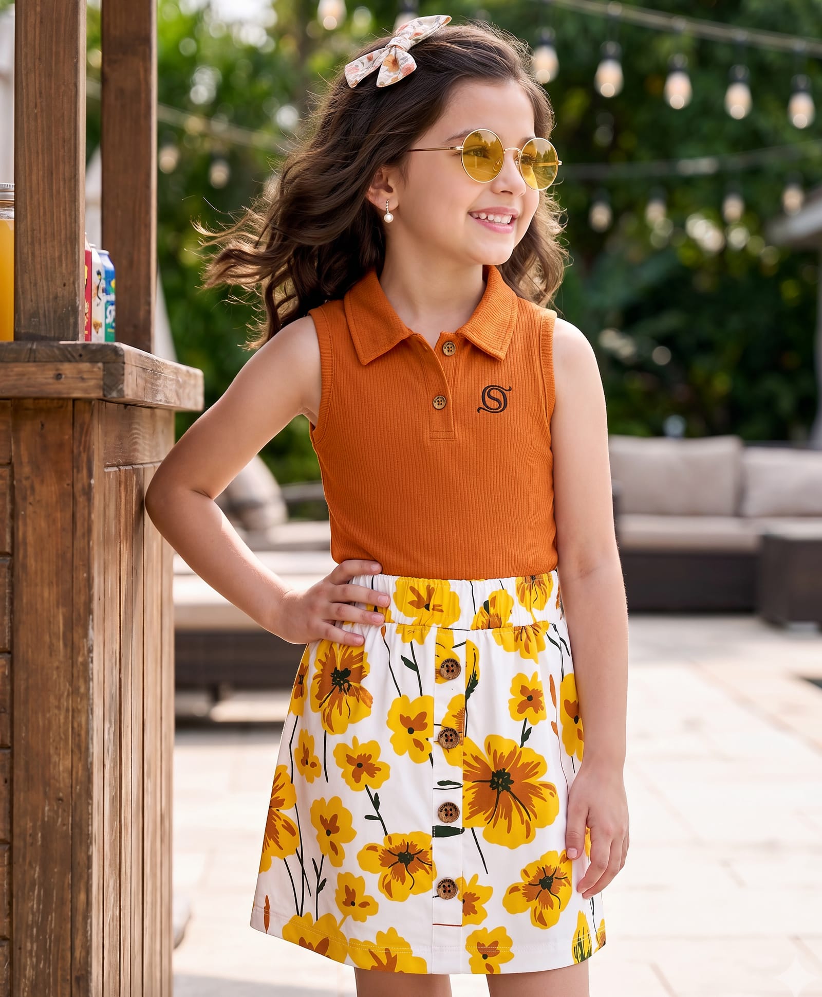 OLLINGTON ST. Cotton Rib Lycra Knit Sleeveless Top With & Floral Printed Skirts Set- Multicolour & Brown-image-10