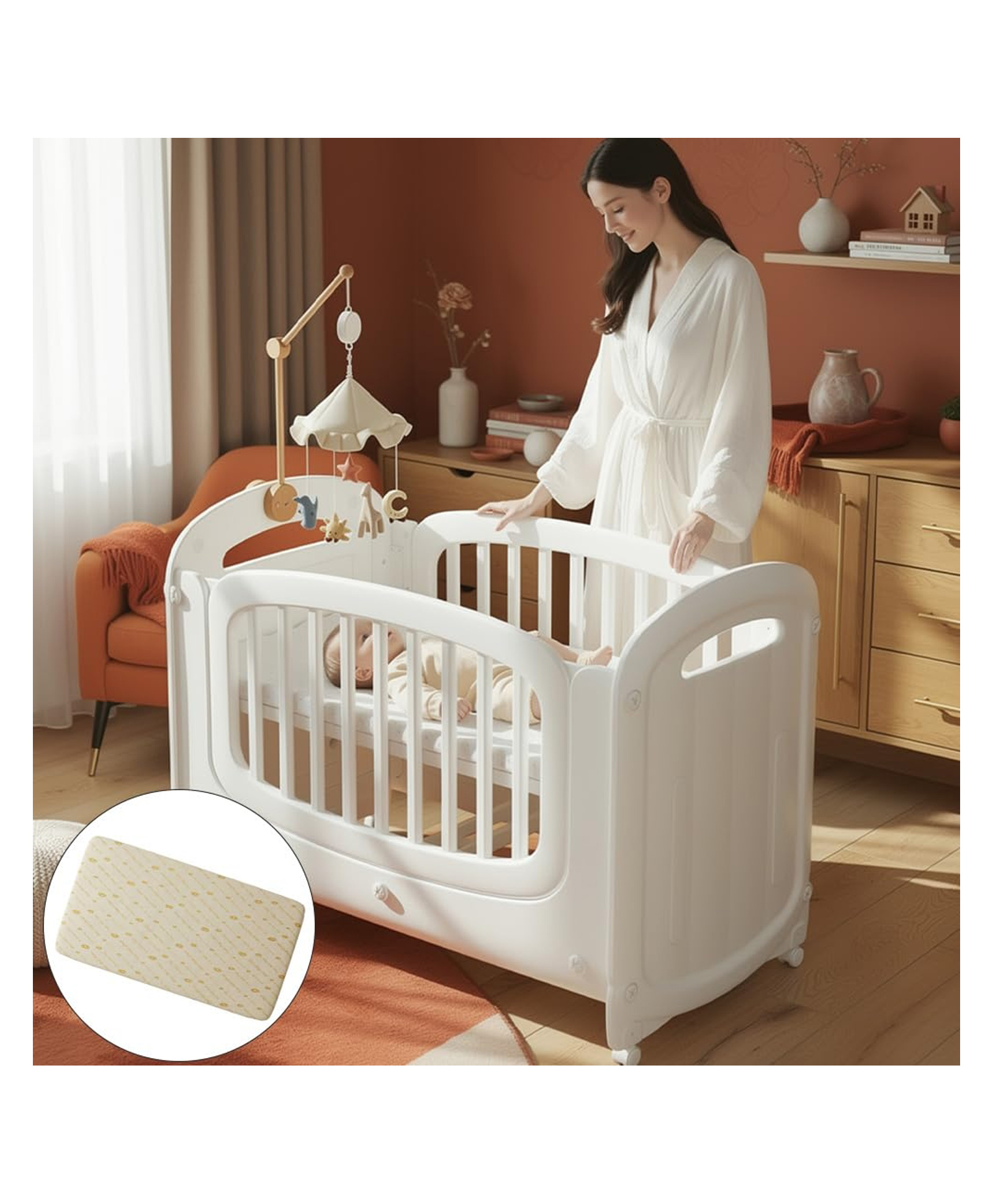 StarAndDaisy baby Cot with Mattress and Wheels Heavy Duty Pp Portable Baby Bed Waterproof and Termite Resistant Infant Sleeping Cot Durable Safe and Comfortable White-image-36