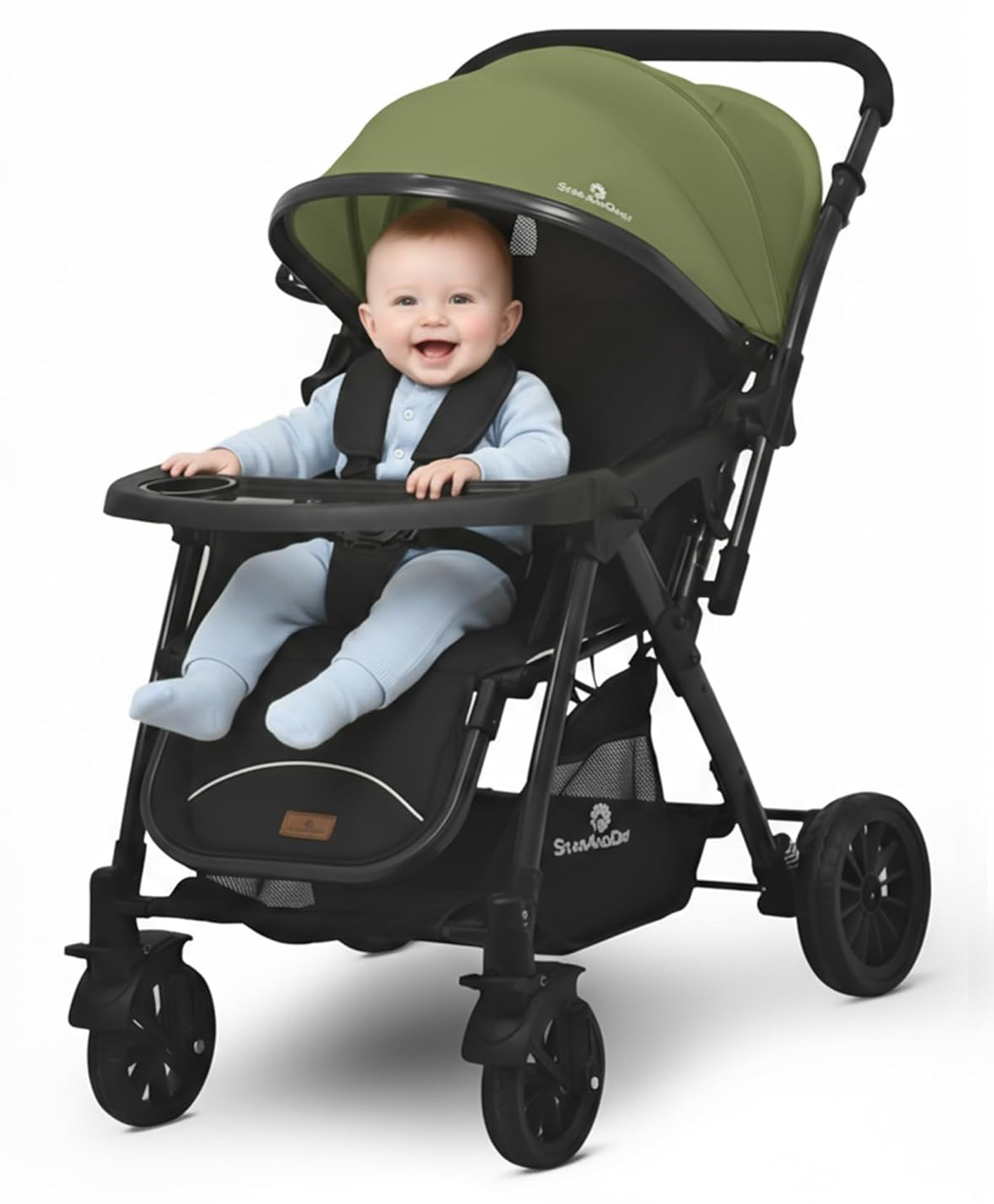 StarAndDaisy Foldable Baby Stroller for 0 to 3 Years with Storage Basket Lockable Wheels Multi Level Recline Adjustable Footrest Removable Tray Safety Harness Belt Travel Pram Green-image-39
