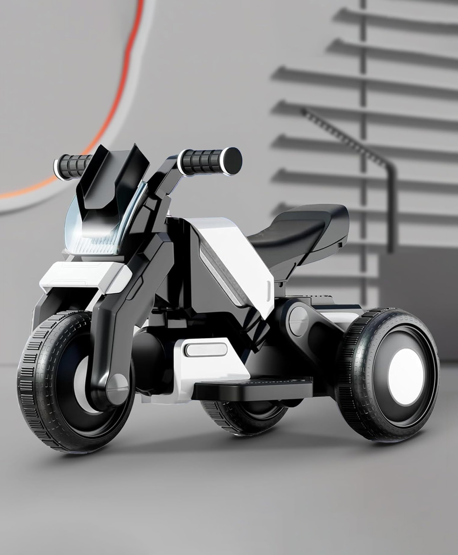 StarAndDaisy electric ride on bike for kids toddlers and babies with 3 wheel design rechargeable battery foot accelerator led lights bluetooth usb footrest and comfortable seat stylish white-image-14