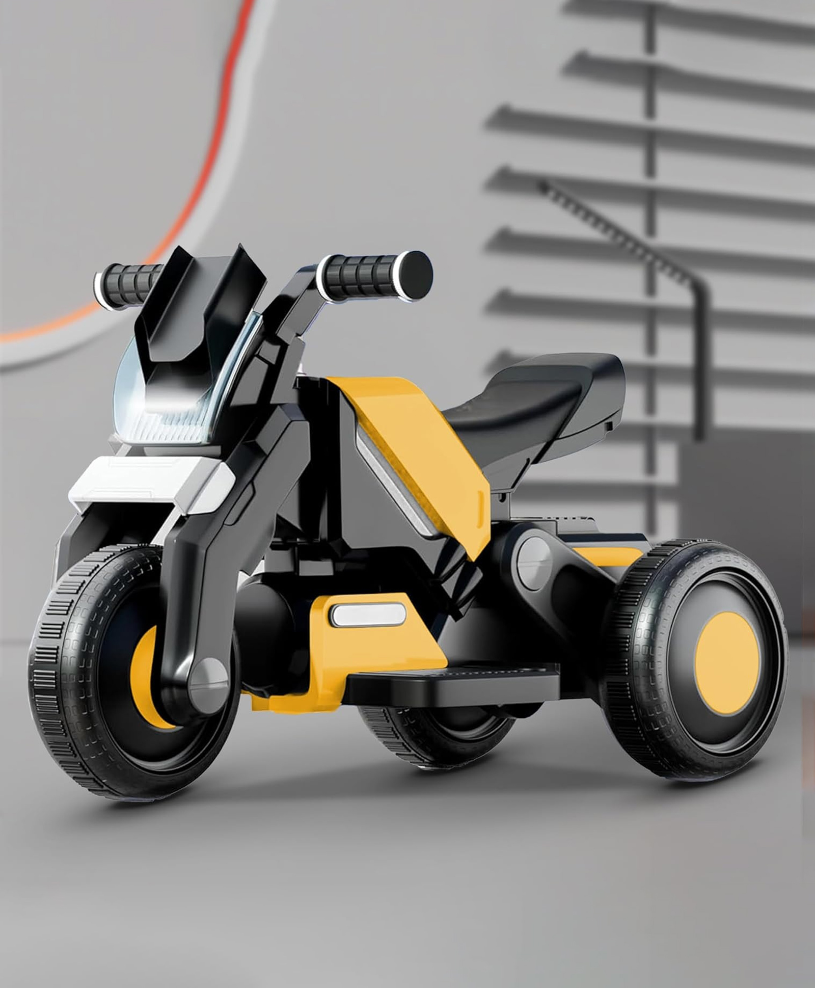 StarAndDaisy electric ride on bike for kids toddlers and babies with 3 wheel design rechargeable battery foot accelerator led lights bluetooth usb footrest and comfortable seat stylish yellow.-image-9