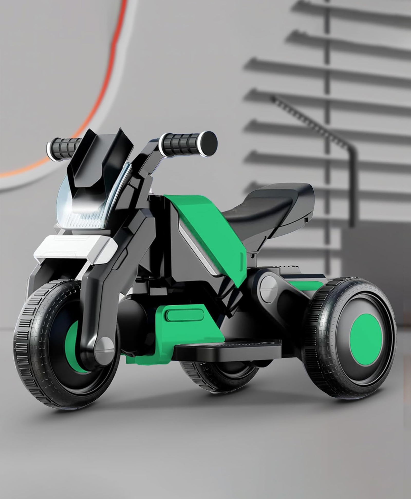 StarAndDaisy electric ride on bike for kids toddlers and babies with 3 wheel design rechargeable battery foot accelerator led lights bluetooth usb footrest and comfortable seat stylish green.-image-22