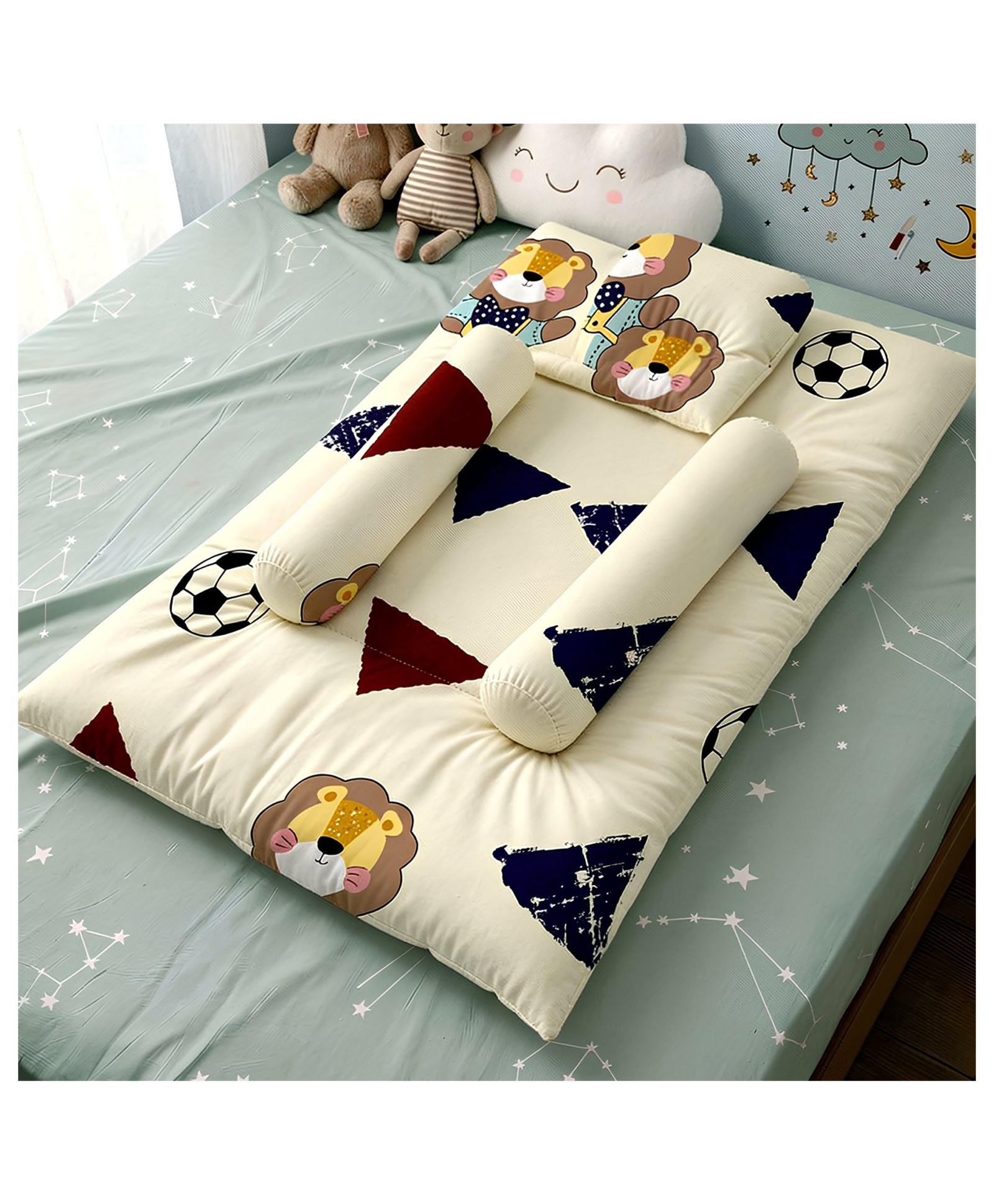 StarAndDaisy newborn baby bedding set with cotton cushioned mattress sheet two side bolster pillows and one head pillow soft breathable fabric for boys and girls teddy print-image-27
