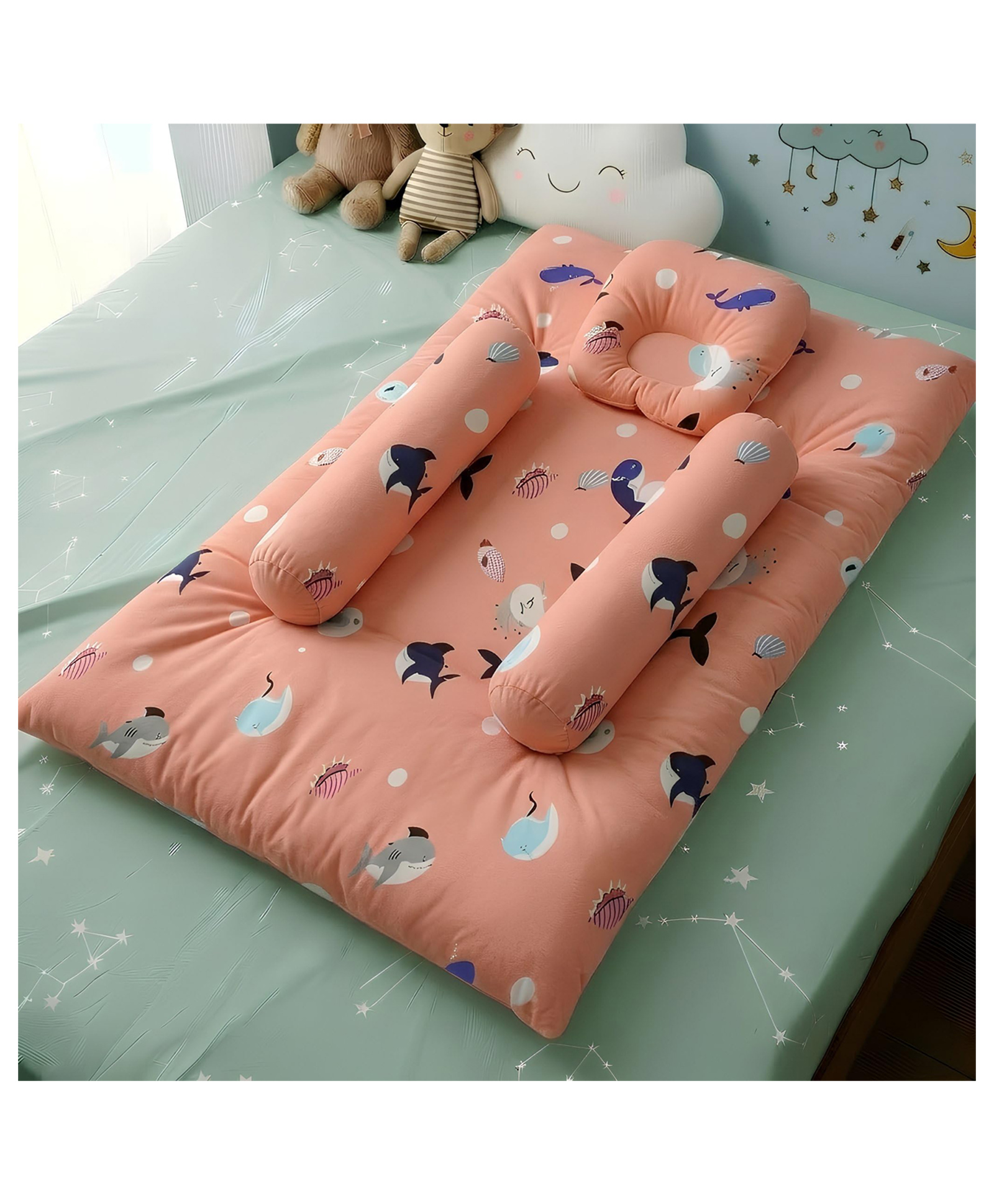 StarAndDaisy soft cotton baby bedding set for boys and girls with cushioned mattress sheet two side bolster pillows and one head pillow ideal for newborns and infants shark print-picture-11