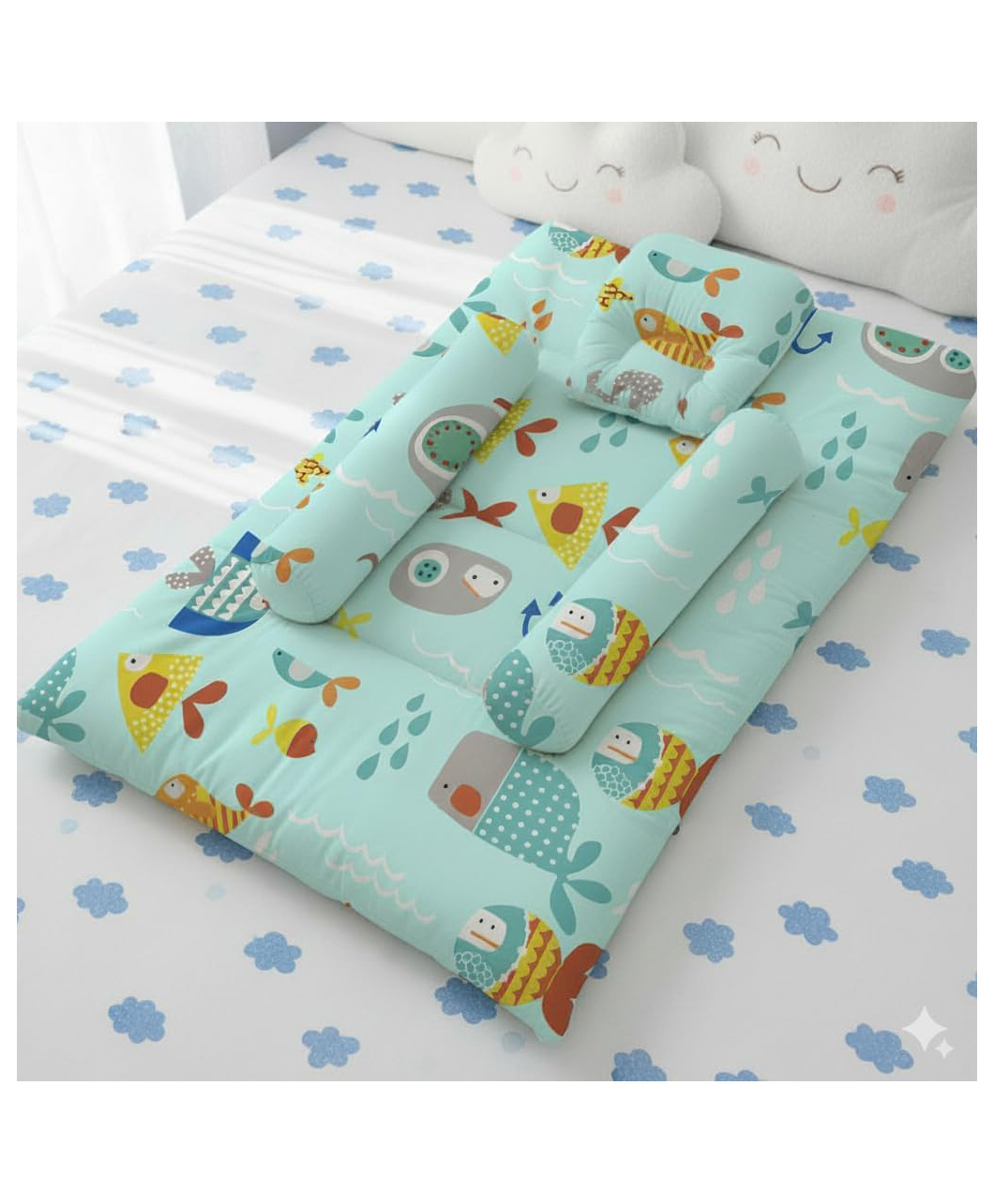 StarAndDaisy premium cotton baby bedding set for toddlers and infants with cushioned mattress sheet two side bolster pillows and one head pillow comfortable safe for newborn boys and girls aqua print-image-17