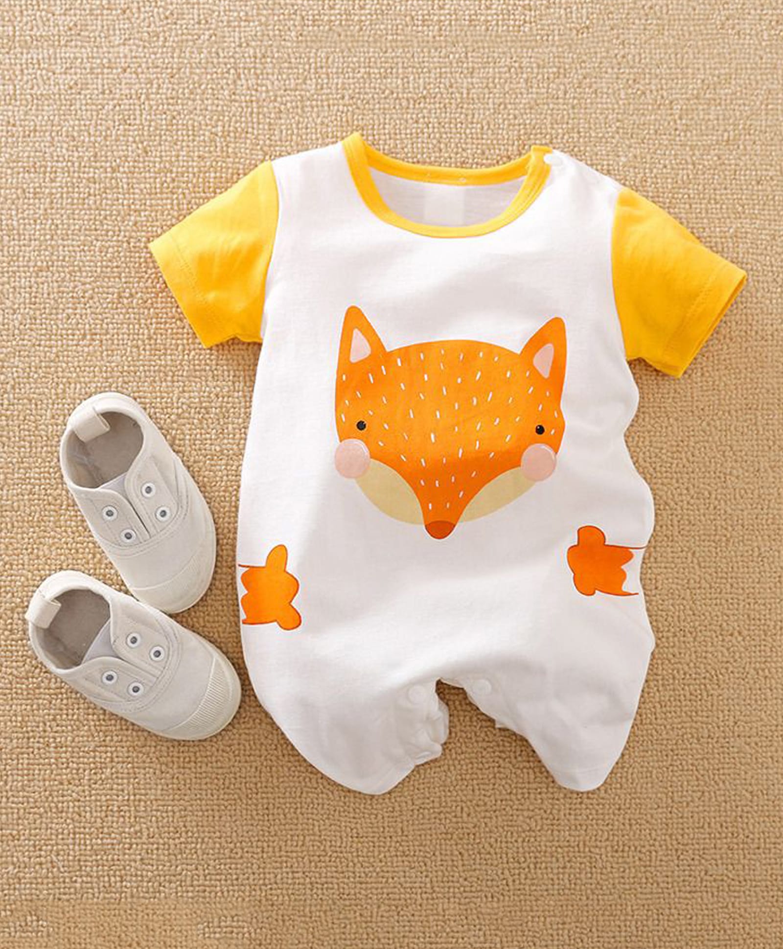 Fourfolds Cotton Blend Knit Half Sleeves Fox Printed Romper - White & Yellow-image-15