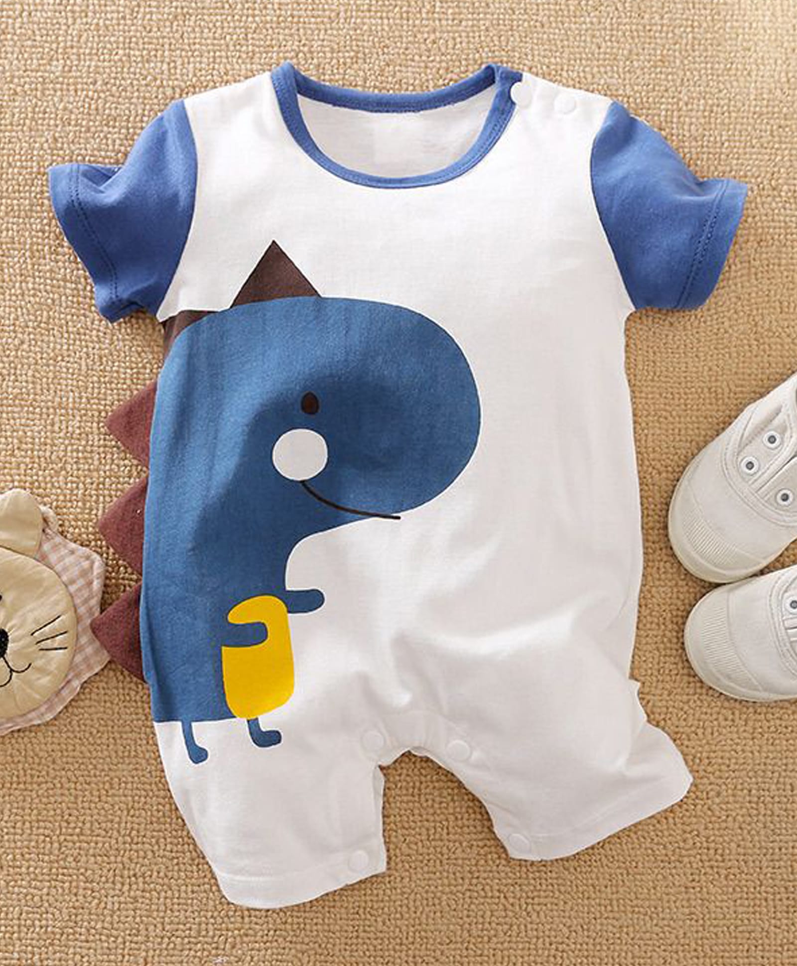 Fourfolds Cotton Blend Knit Half Sleeves Dinasaur Printed Romper - White & Blue-image-11
