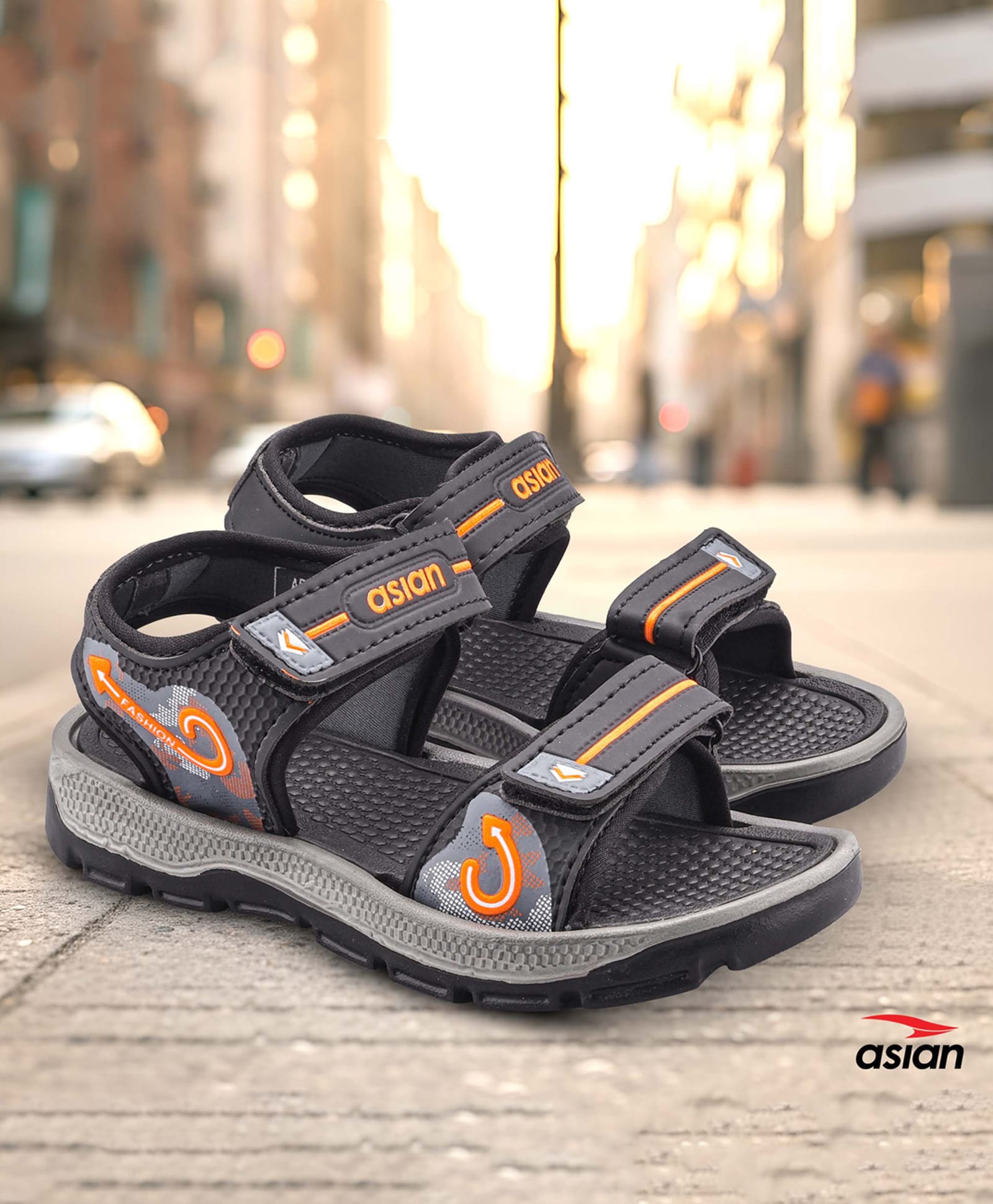 asian Abstract Designed Velcro Closure Sandals - Black & Orange-image-29