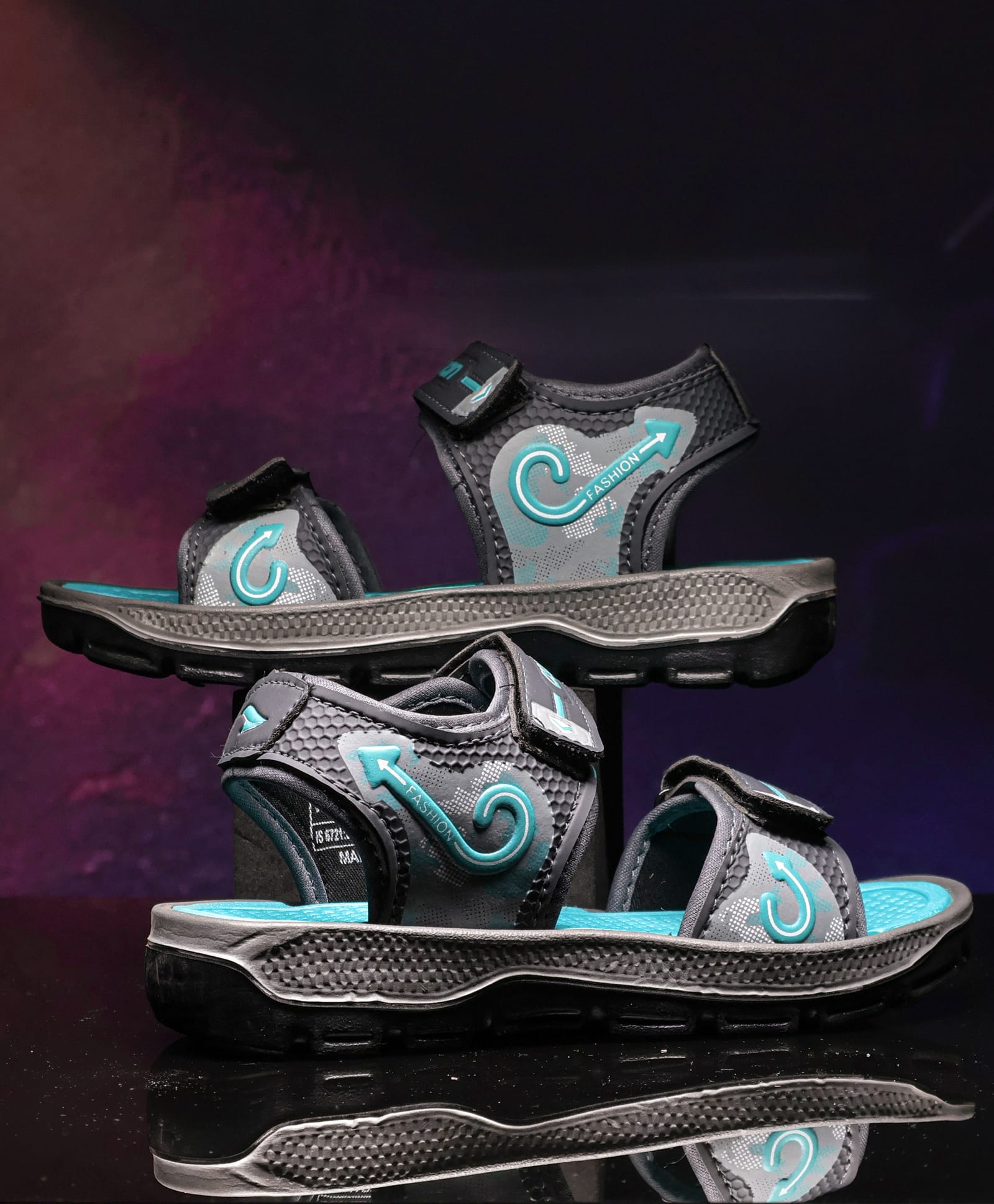 asian Abstract Designed Velcro Closure Sandals - Dark Grey & Firozi-image-28