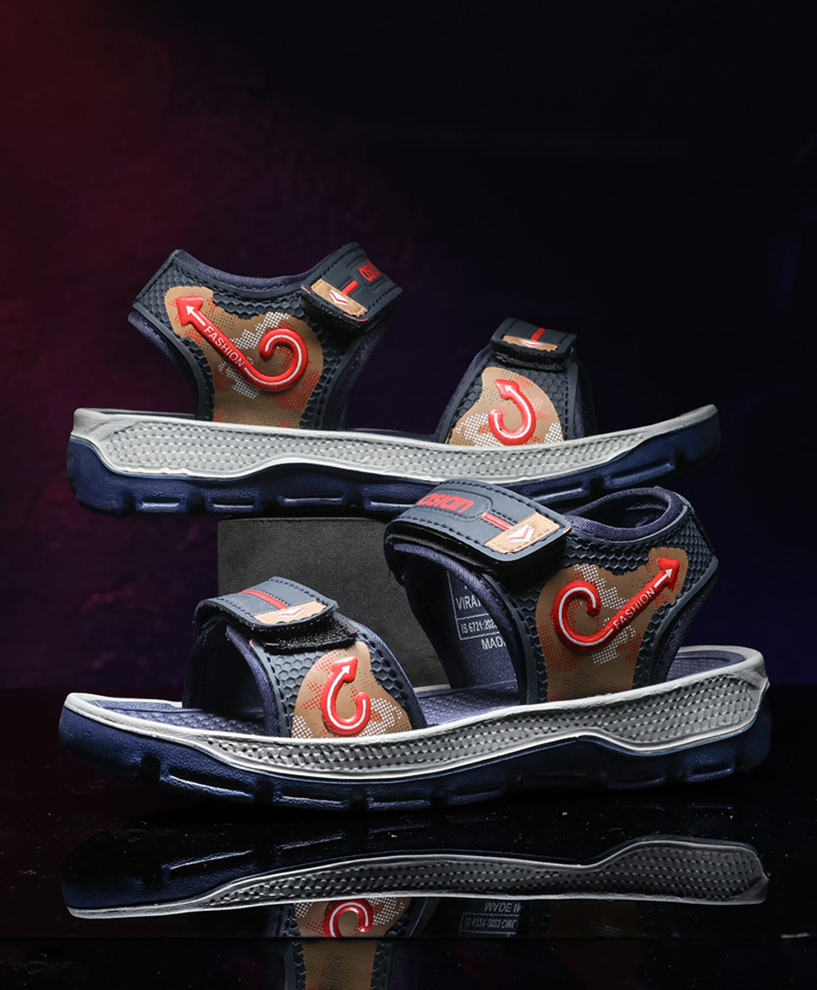 asian Abstract Designed Velcro Closure Sandals - Navy Blue & Red-picture-25
