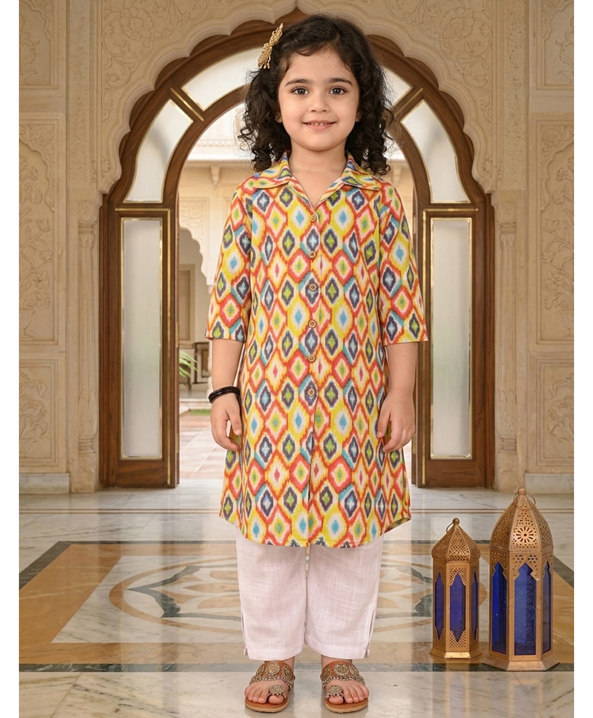 Kinder Kids Cotton Woven Three Fourth Sleeves Ikat Printed Shirt Style Kurti Pyjama Set - Yellow & White-image-35