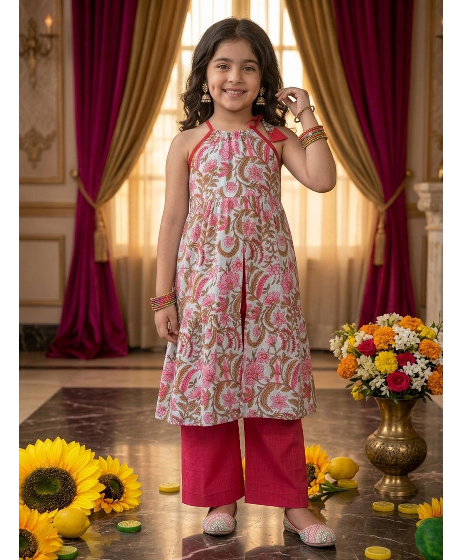 Kinder Kids Cotton Woven Sleeveless Floral Printed Kurti & Pants Set - Pink-image-21