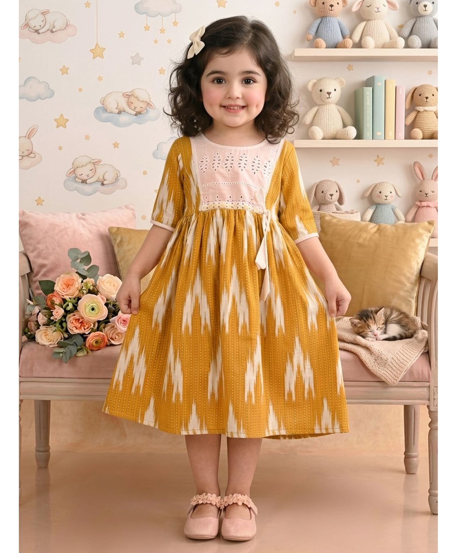 Kinder Kids Cotton Woven Three Fourth Sleeves Abstract Printed Schiffli Embroidered Dress - Yellow-image-49