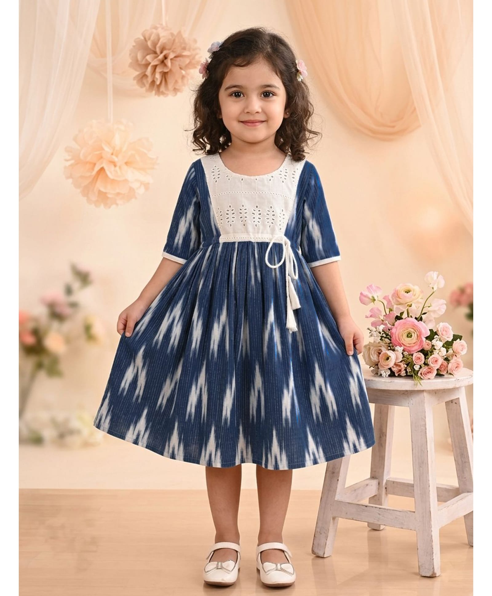 Kinder Kids Cotton Woven Three Fourth Sleeves Abstract Printed Schiffli Embroidered Dress - Blue-picture-25