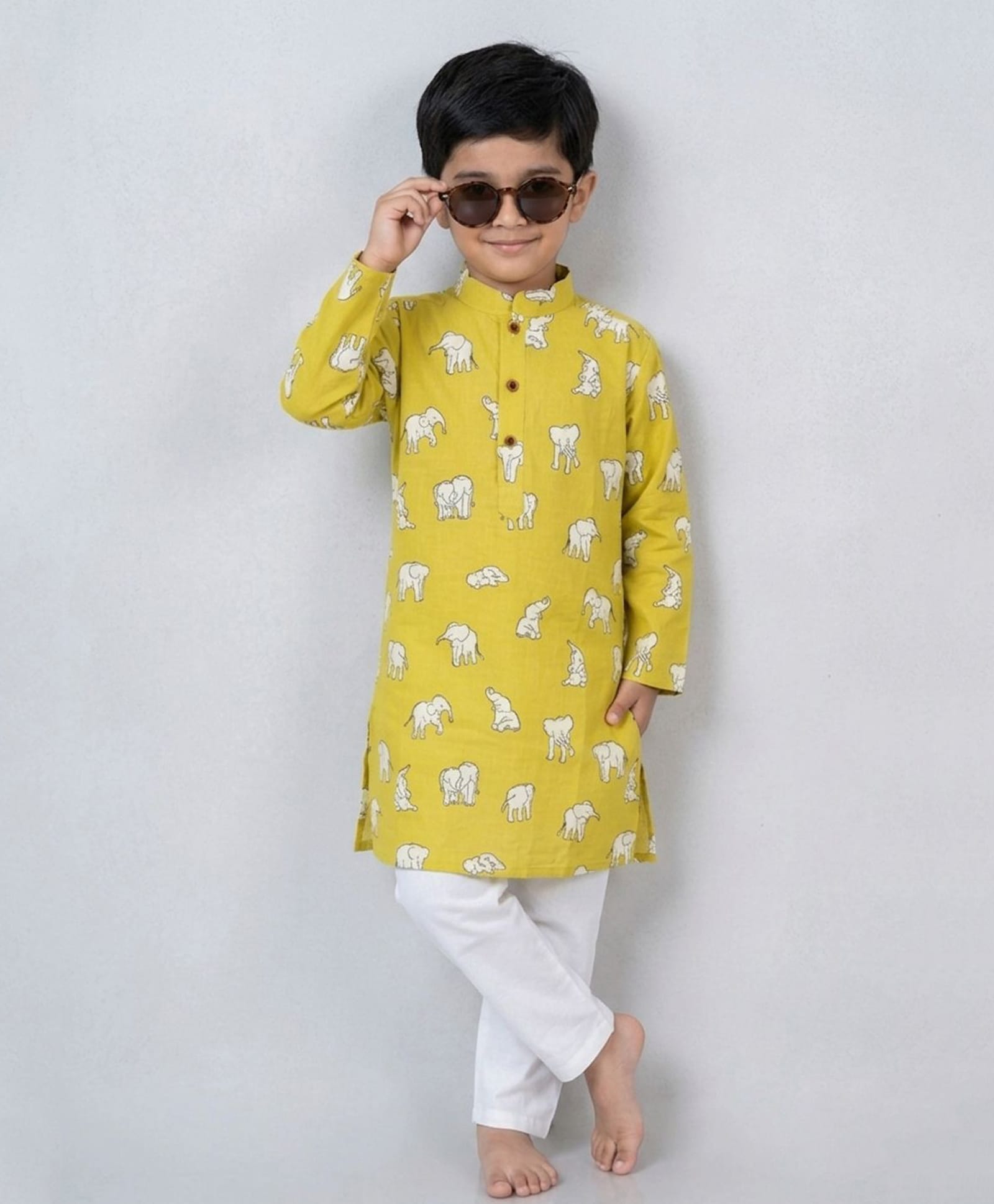 Kinder Kids Cotton Woven Full Sleeves Elephant Printed Kurta & Pyjama Set - Light Green-image-38