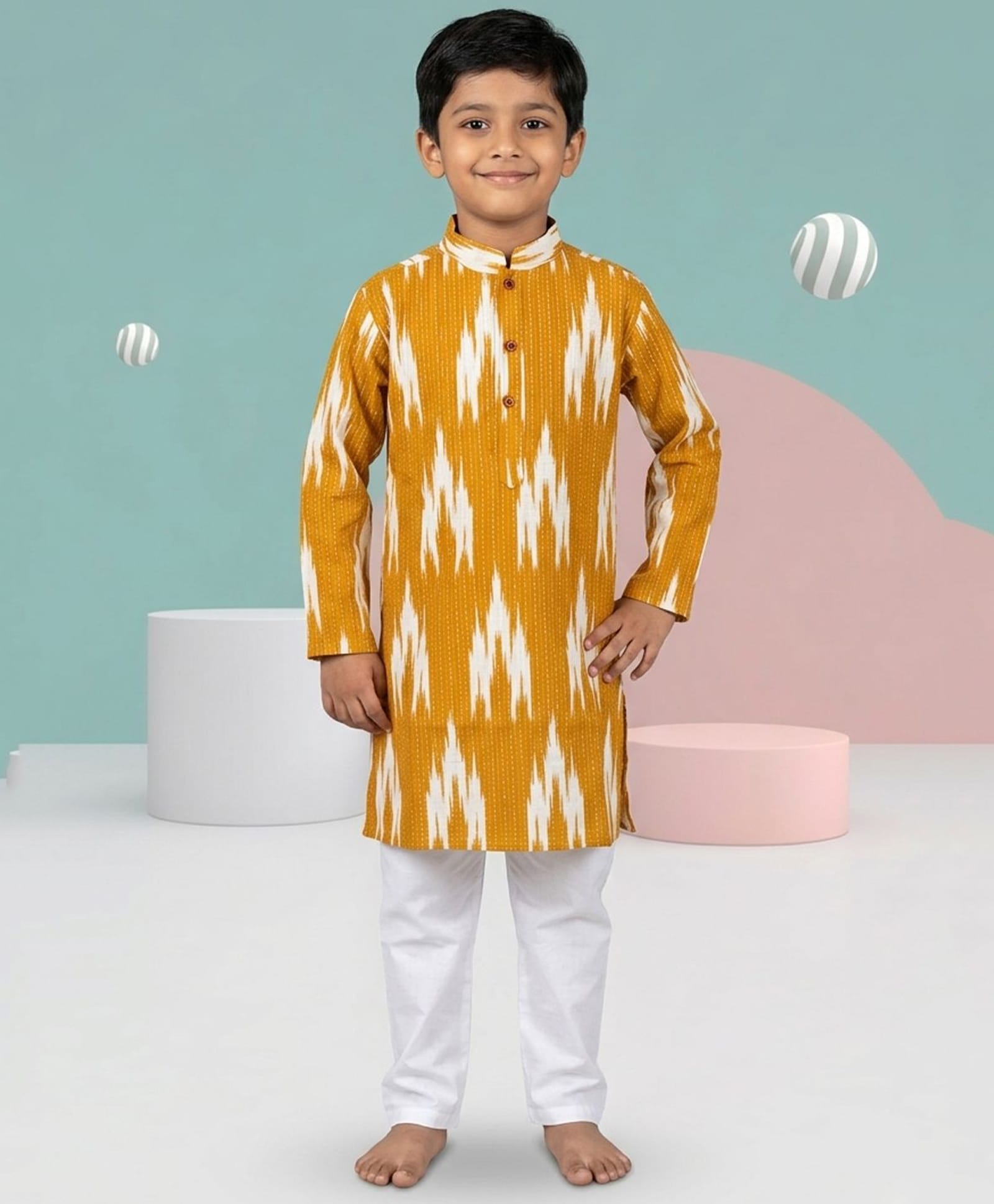 Kinder Kids Cotton Woven Full Sleeves Abstract Printed Kurta & Pyjama Set - Yellow-picture-19