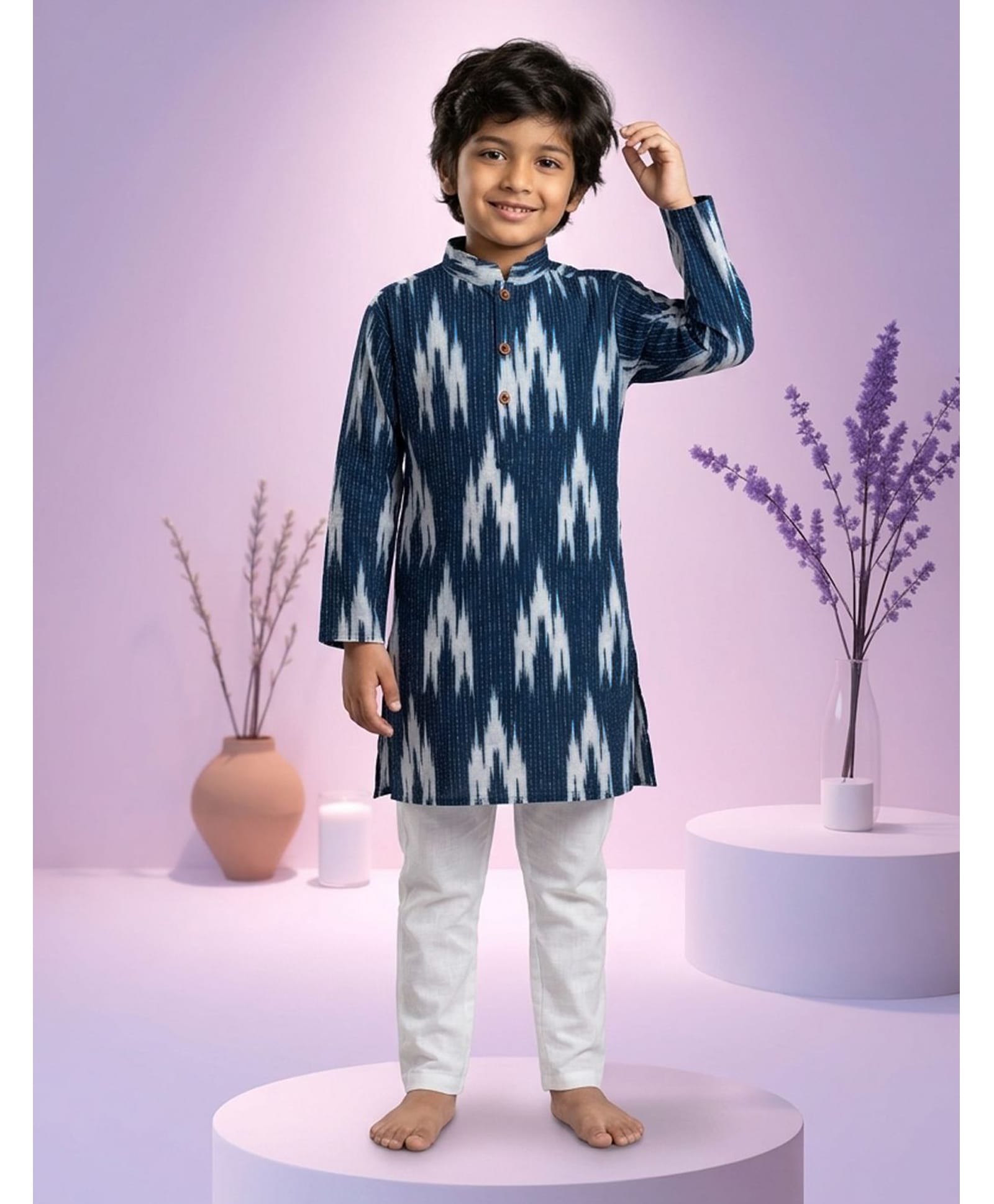 Kinder Kids Cotton Woven Full Sleeves Abstract Printed Kurta & Pyjama Set - Blue-picture-21