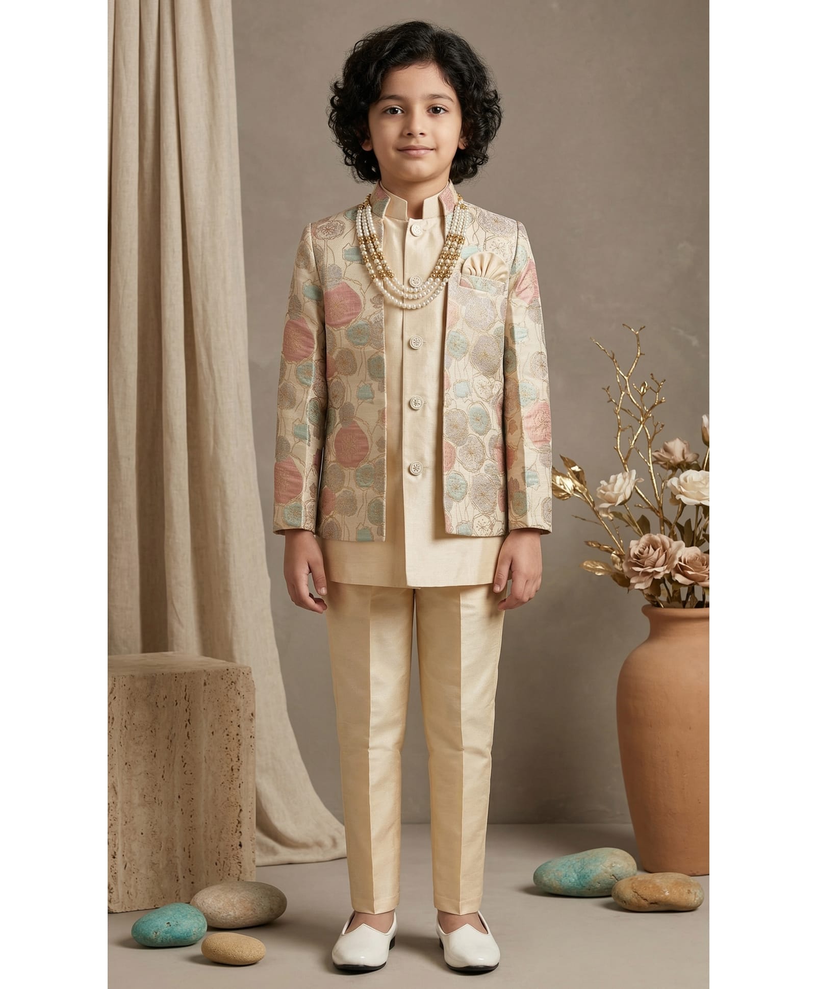 Ahhaaaa Viscose Woven Full Sleeves Solid Kurta Pyjama Set With Floral Printed & Threadwork Detailed Jacket - Gold-image-16