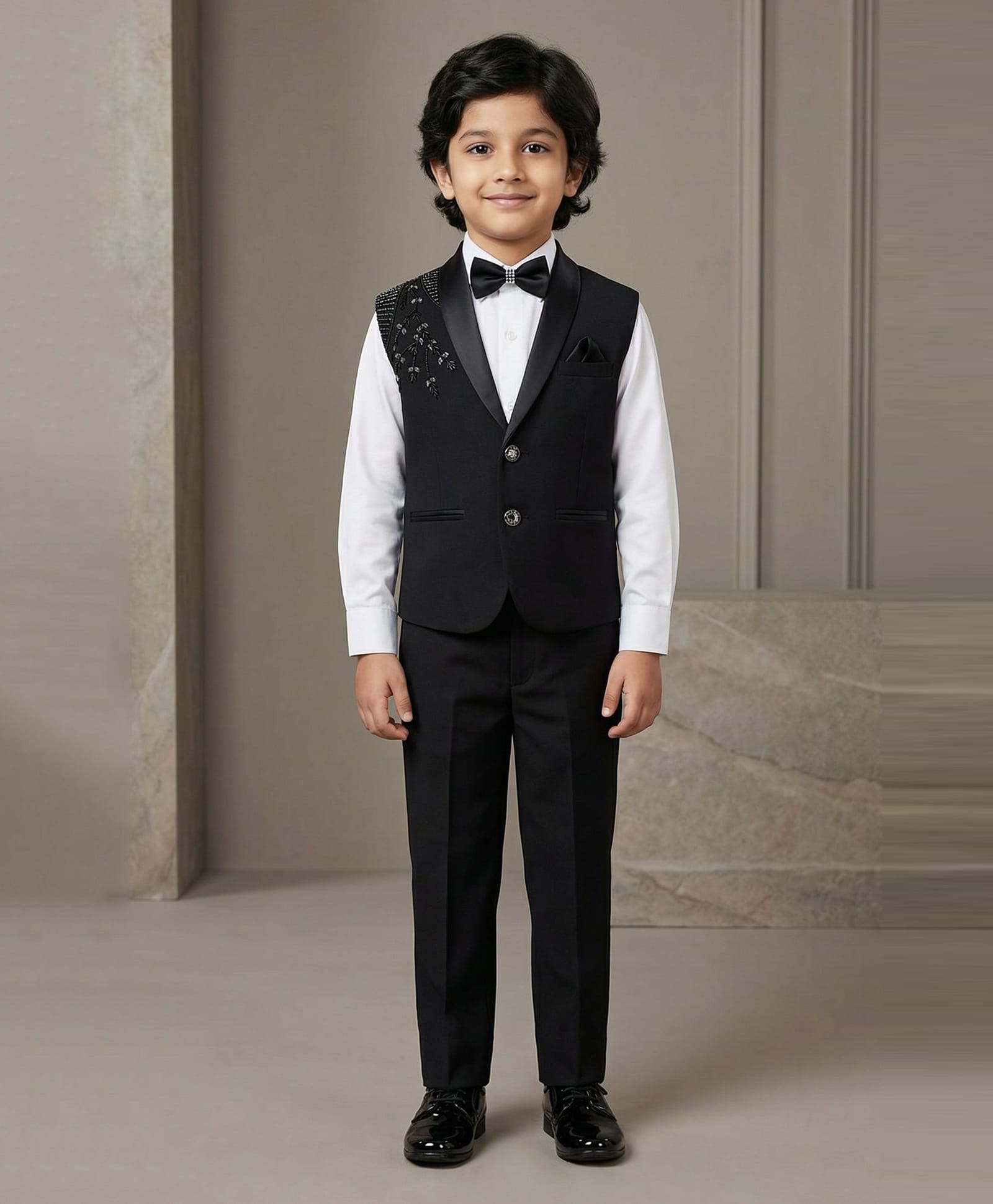 Ahhaaaa Silk Woven Full Sleeves Beads Embellished 3 Piece Party Suit Set With Bow - Black-image-26