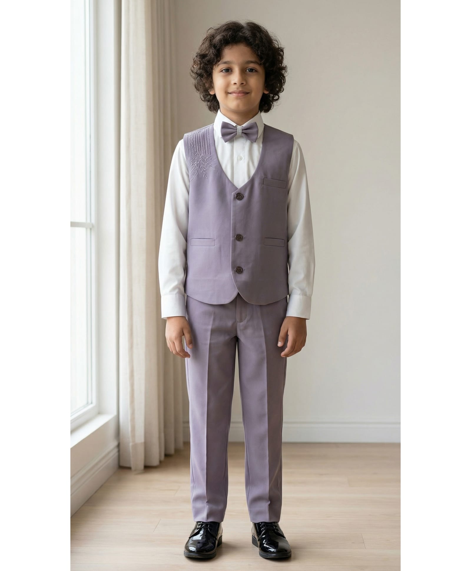 Ahhaaaa Silk Woven Full Sleeves Leaves Embroidered 3 Piece Party Suit Set With Bow - Purple-picture-10