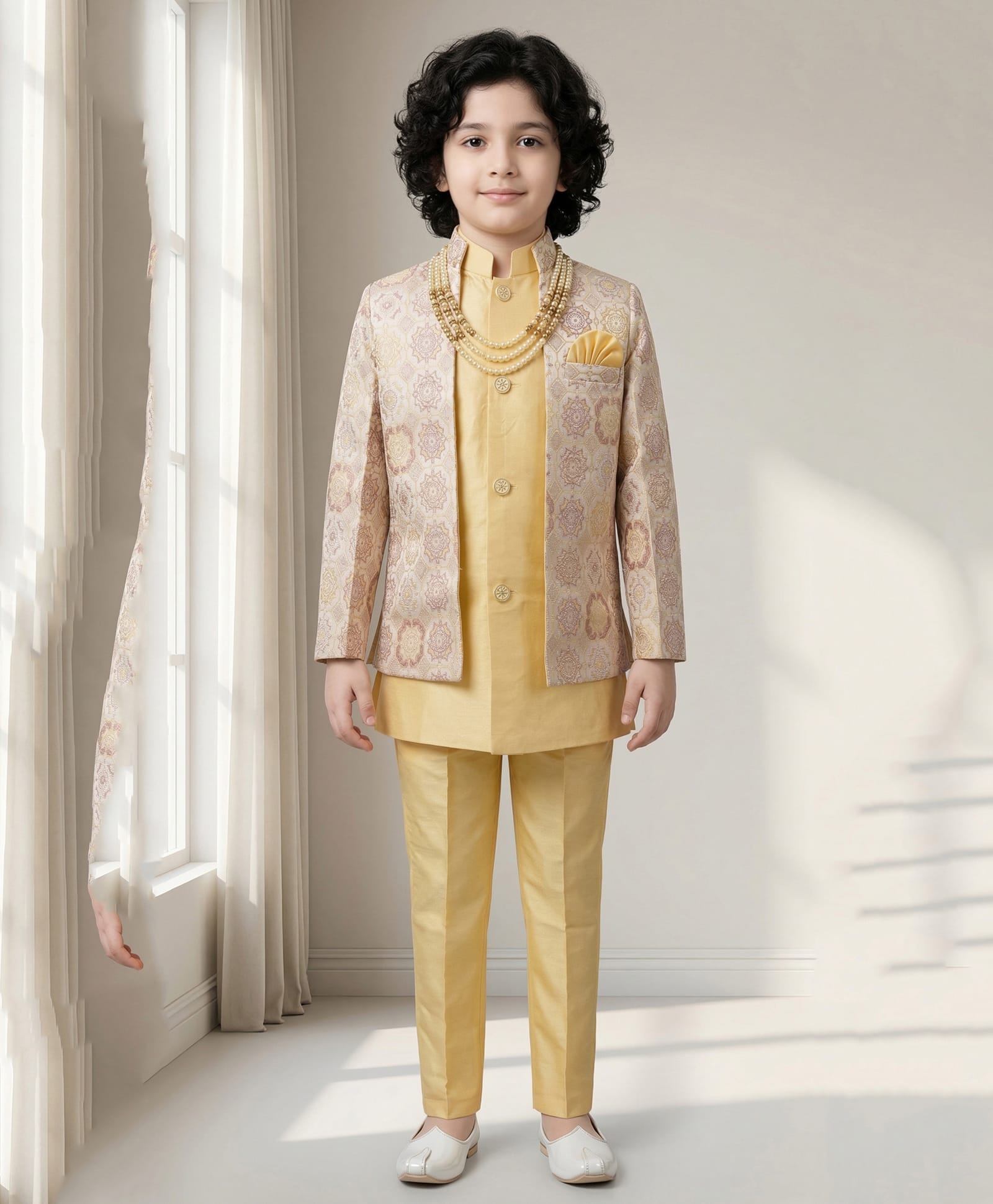 Ahhaaaa Viscose Woven Full Sleeves Solid Kurta & Trouser Set with Abstract Printed Jacket - Golden-image-49