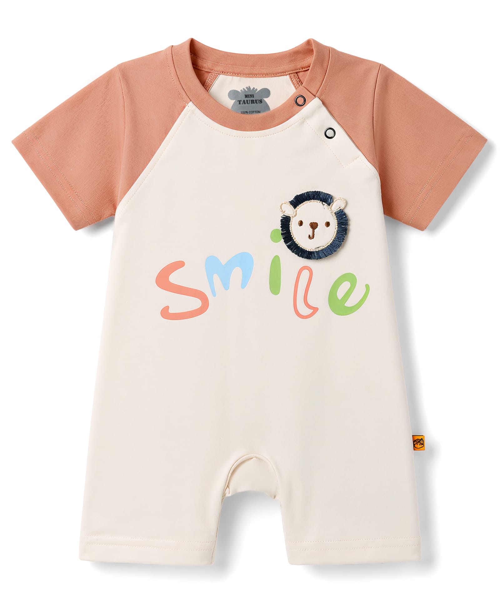 Mini Taurus 100% Cotton Knit Half Raglan Sleeves Smile Printed Romper With Lion Patch - Rust Orange-picture-26