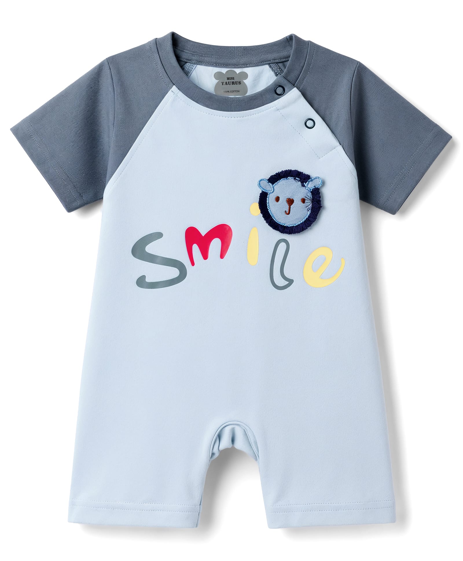 Mini Taurus 100% Cotton Knit Half Raglan Sleeves Smile Printed Romper With Lion Patch - Light Blue-picture-18