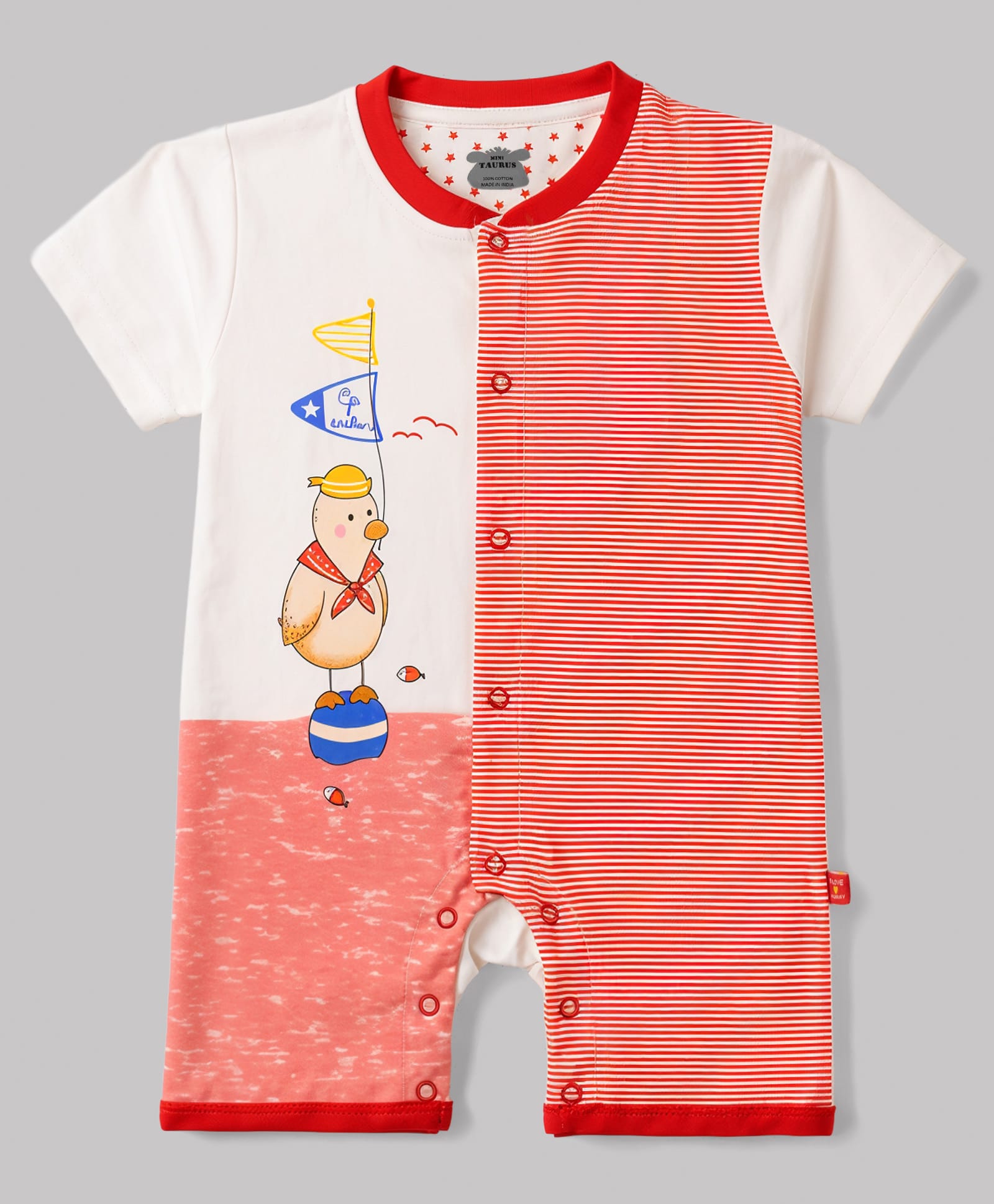 Mini Taurus 100% Knit Half Sleeves Striped & Nautical Theme Printed Romper - Red-picture-5