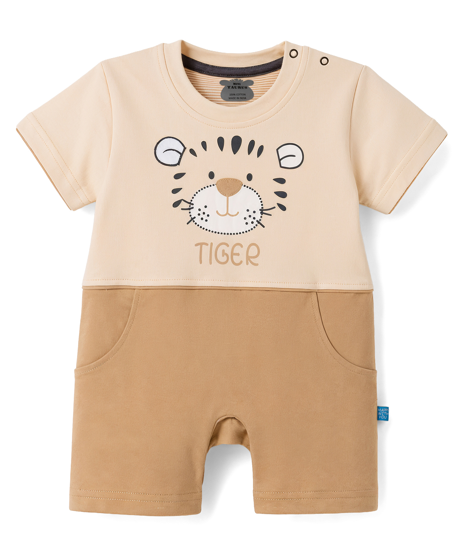 Mini Taurus 100% Knit Half Sleeves Tiger Printed Romper - Cream-picture-29