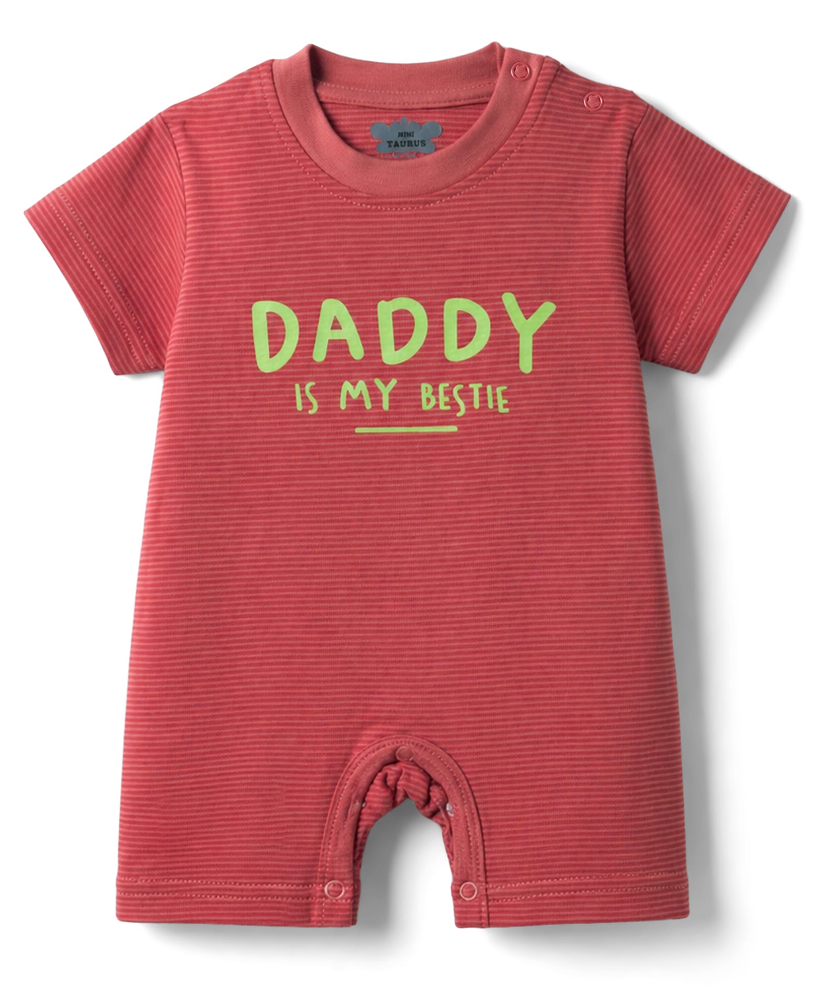 Mini Taurus 100% Cotton Knit Half Sleeves Text printed & Striped Romper - Red-image-13