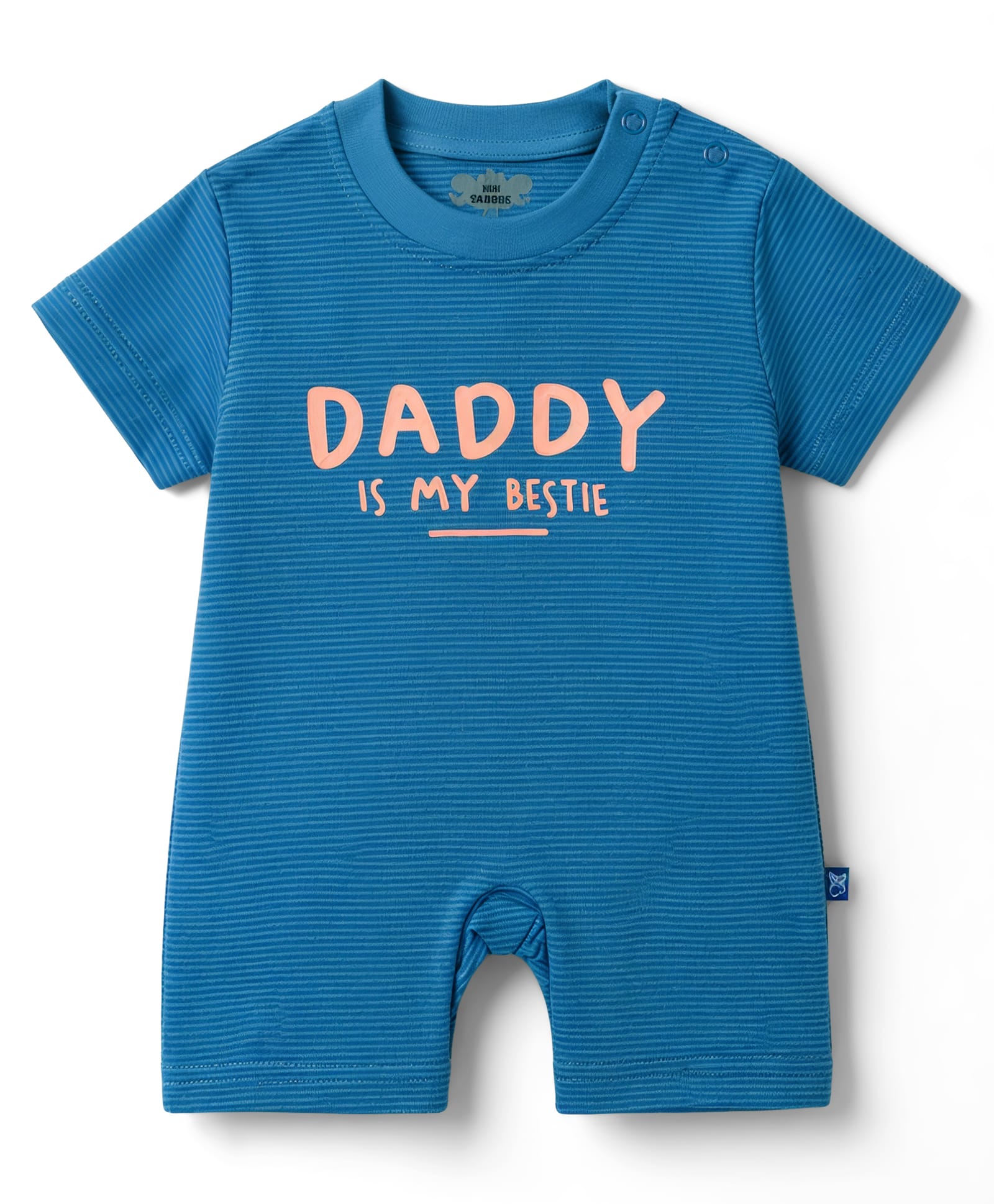 Mini Taurus 100% Cotton Knit Half Sleeves Text printed & Striped Romper - Teal Blue-image-12