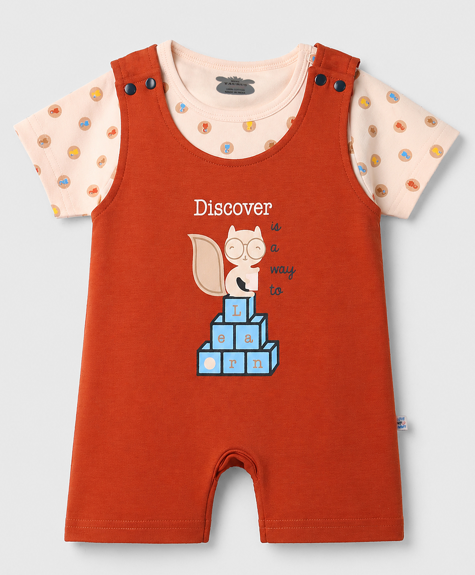 Mini Taurus 100% Cotton Knit Half Sleeves Animal Printed Dungaree With Inner Tee - Rust Orange-picture-1