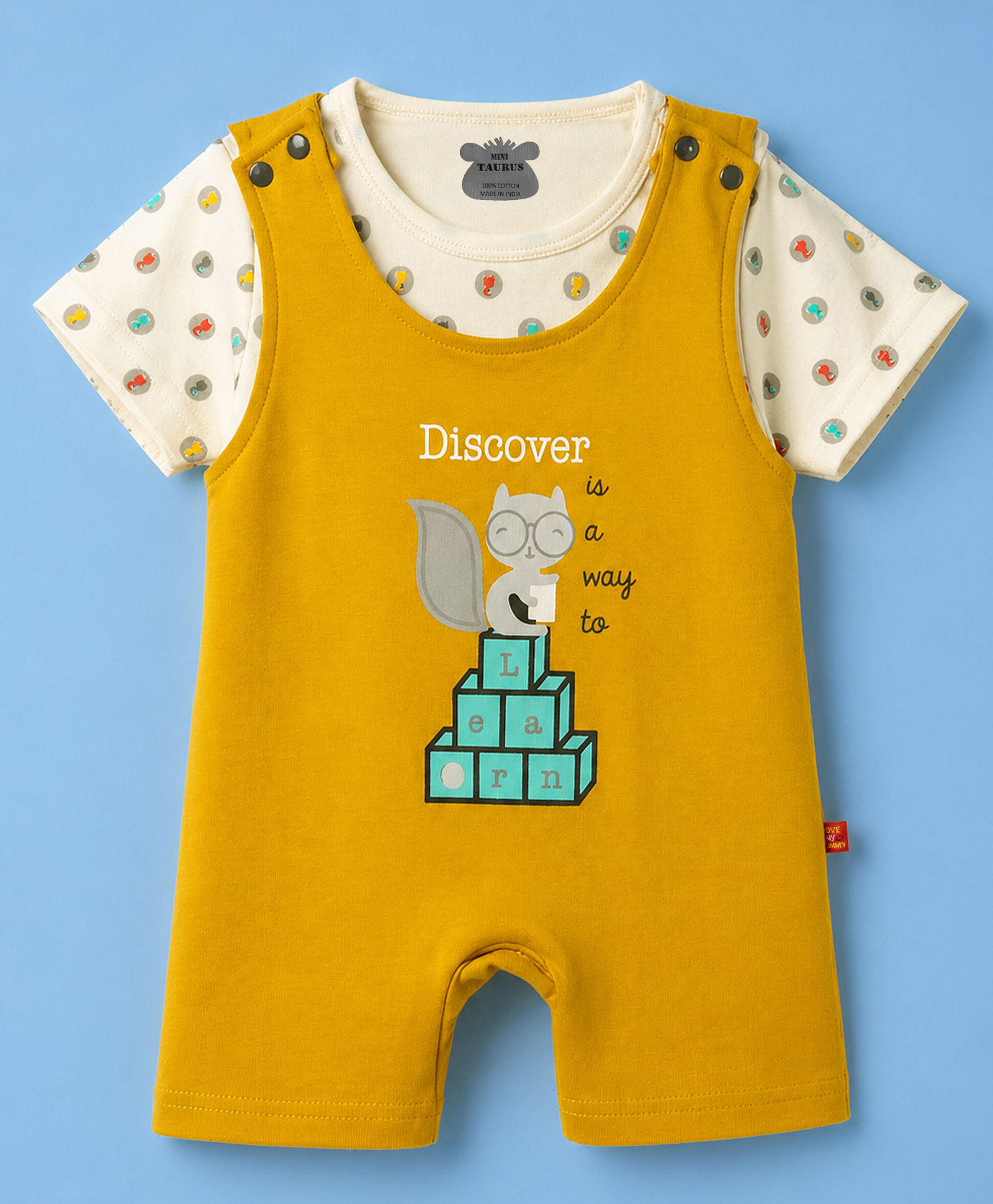 Mini Taurus 100% Cotton Knit Half Sleeves Animal Printed Dungaree With Inner Tee - Mustard-picture-2