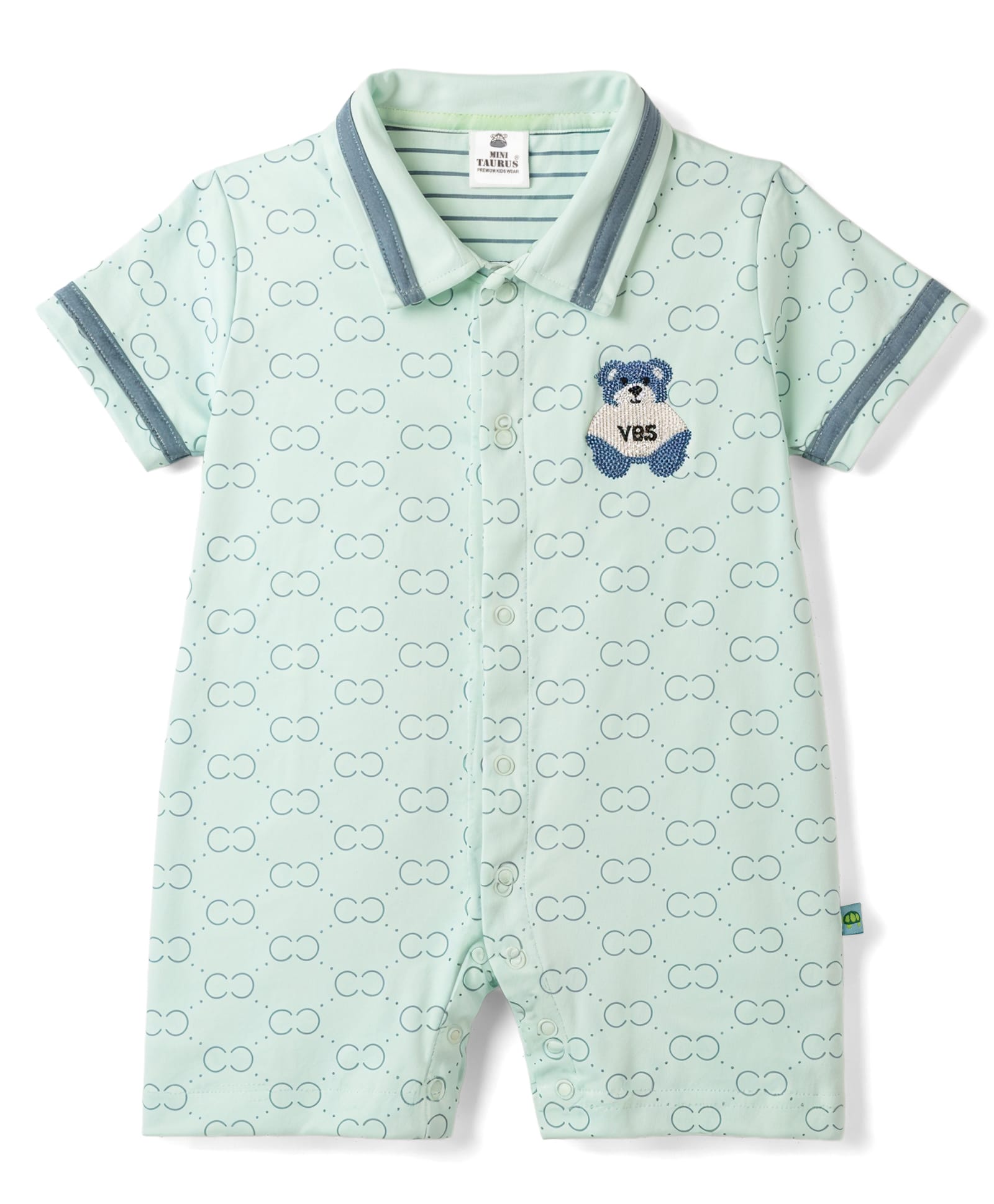 Mini Taurus 100% Cotton Knit Half Sleeves Bear Embroidered Romper - Mint-image-3