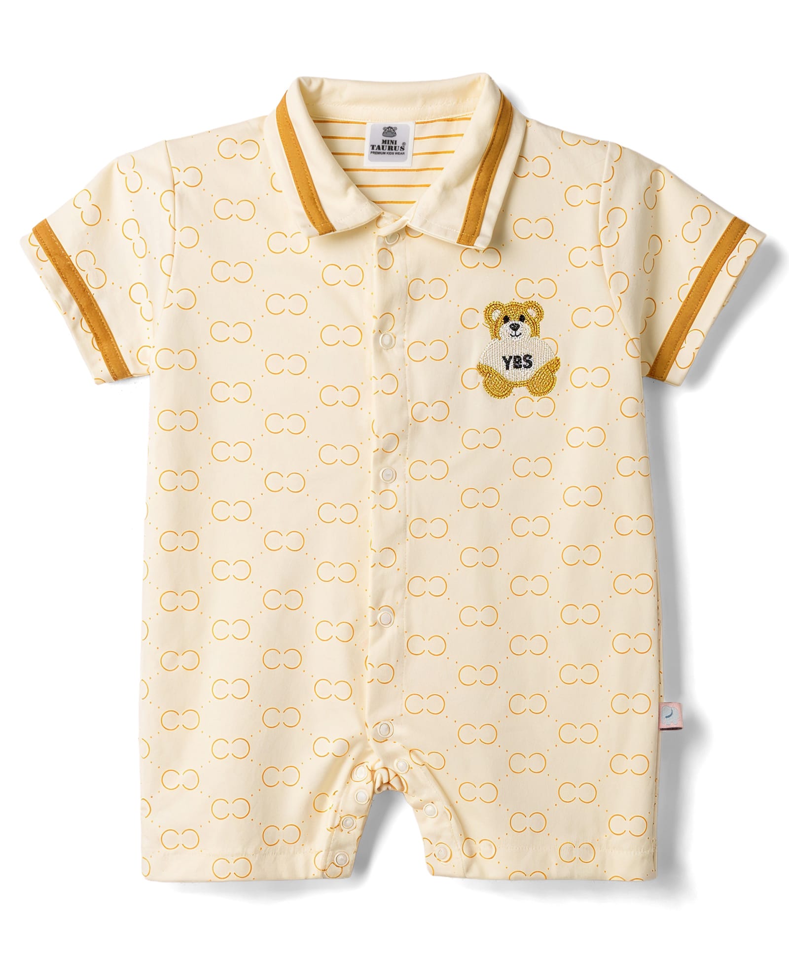 Mini Taurus 100% Cotton Knit Half Sleeves Bear Embroidered Romper - Cream-picture-26
