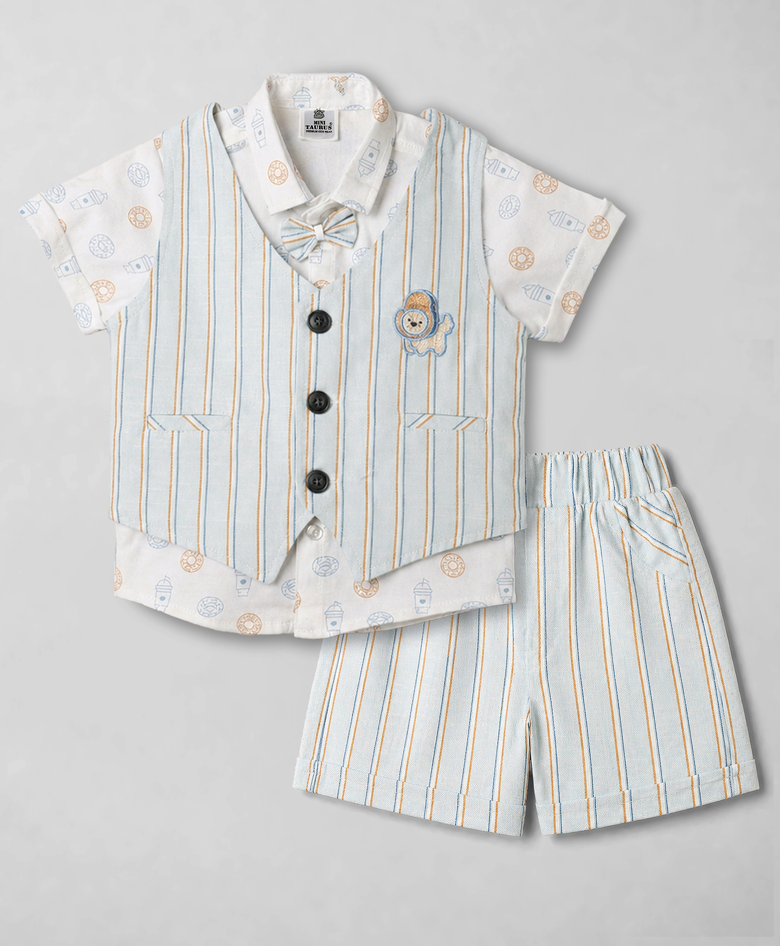 Mini Taurus Cotton Woven Half Sleeves Striped & Printed 3 Piece Party Suit with Bow Applique - Light Blue-picture-43