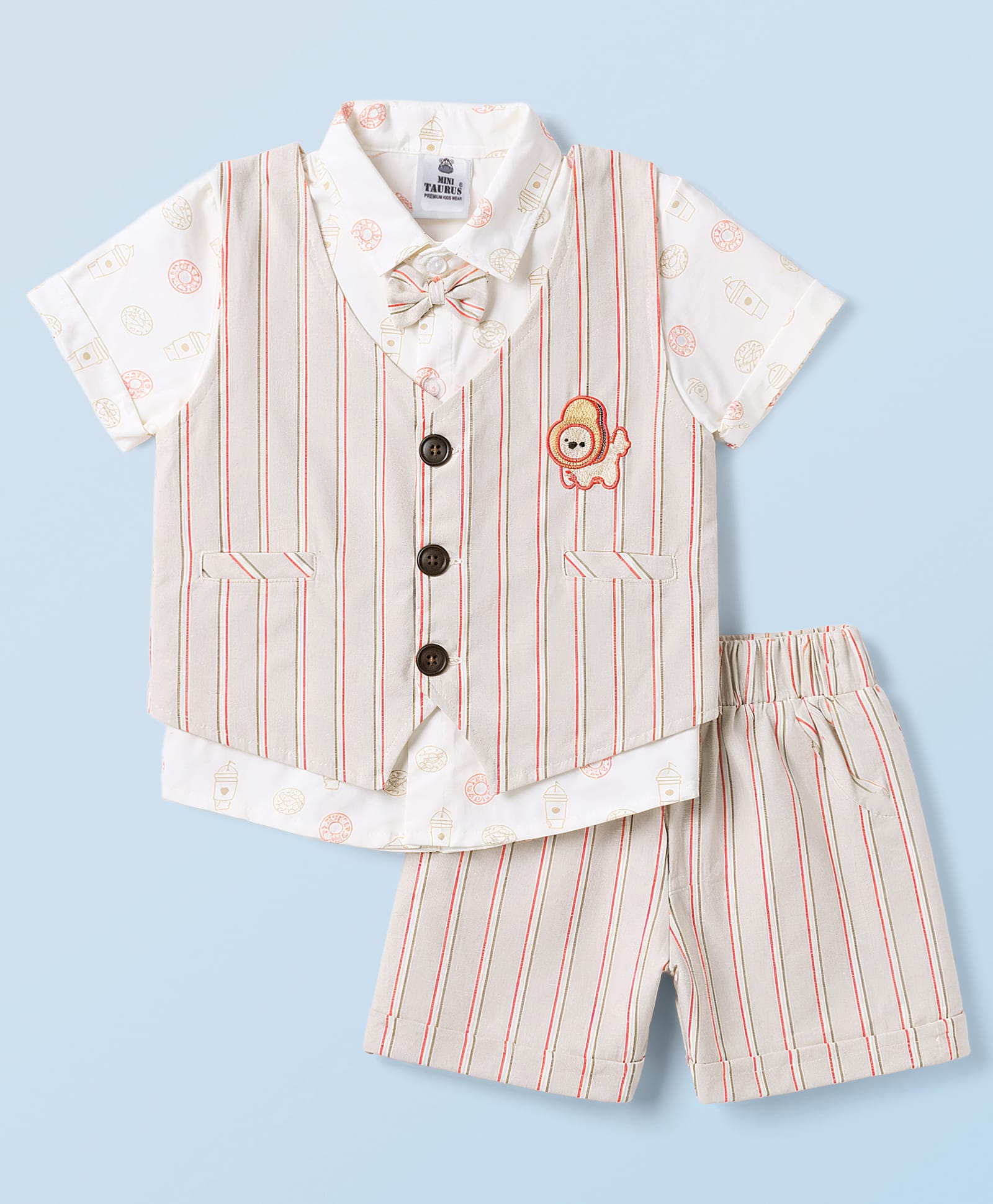 Mini Taurus Cotton Woven Half Sleeves Striped & Printed 3 Piece Party Suit with Bow Applique - Beige-picture-20