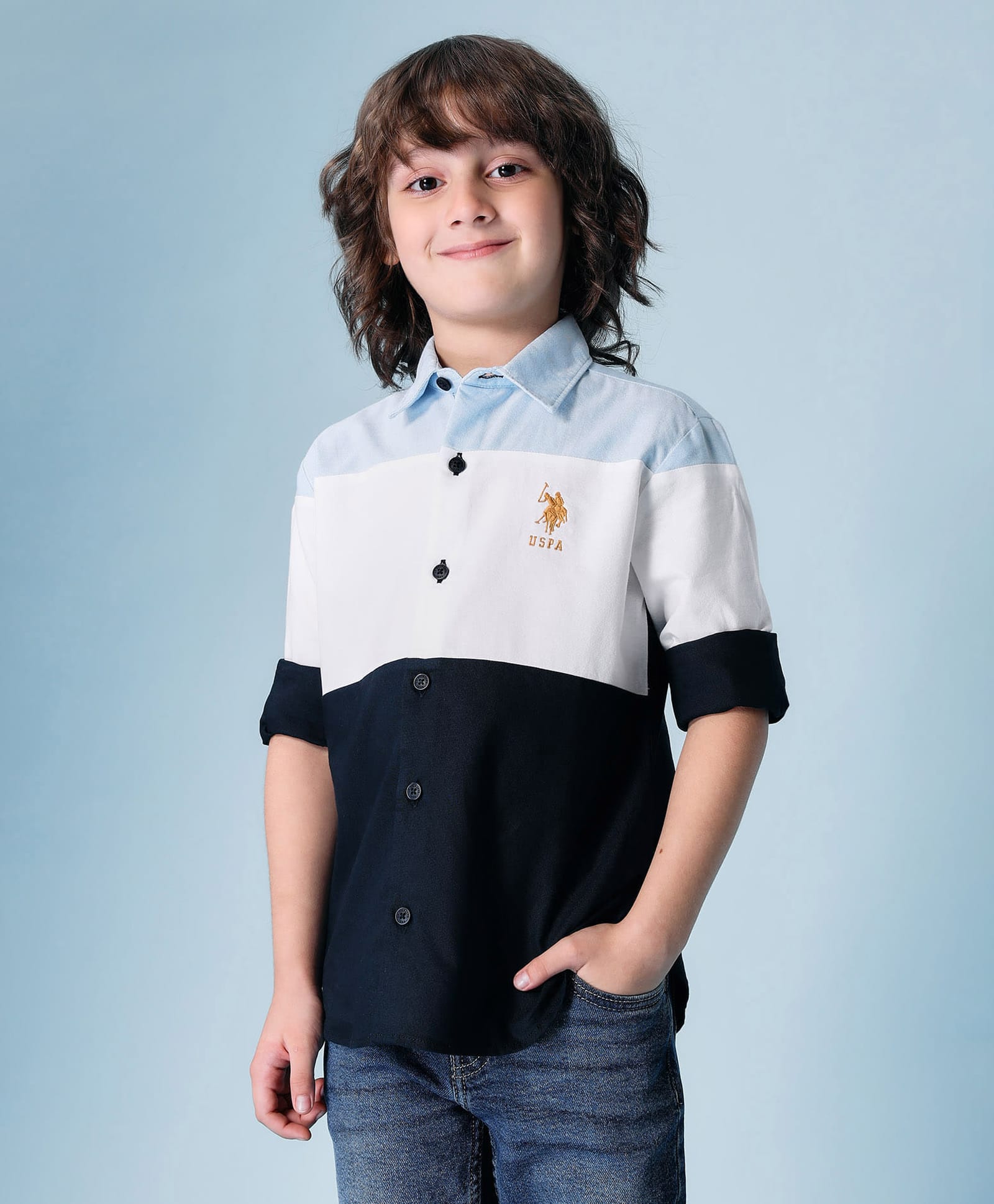 U.S. Polo Assn. Kids Cotton Woven Full Sleeves Colour Blocked Shirt - Light Blue-picture-28