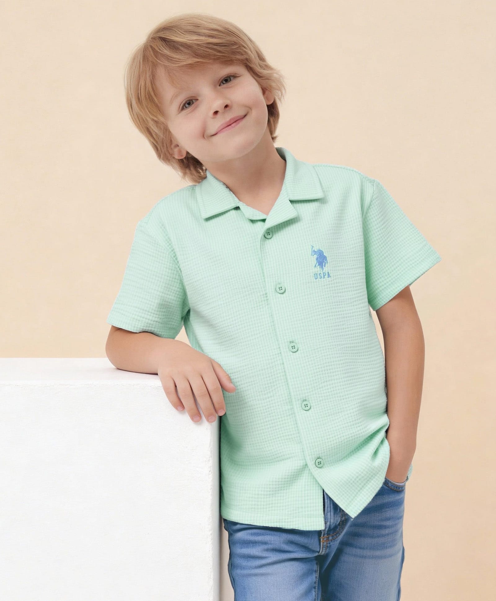 U.S. Polo Assn. Kids Cotton Woven Half Sleeves Brand Name Embroidered Shirt - Light Green-image-4