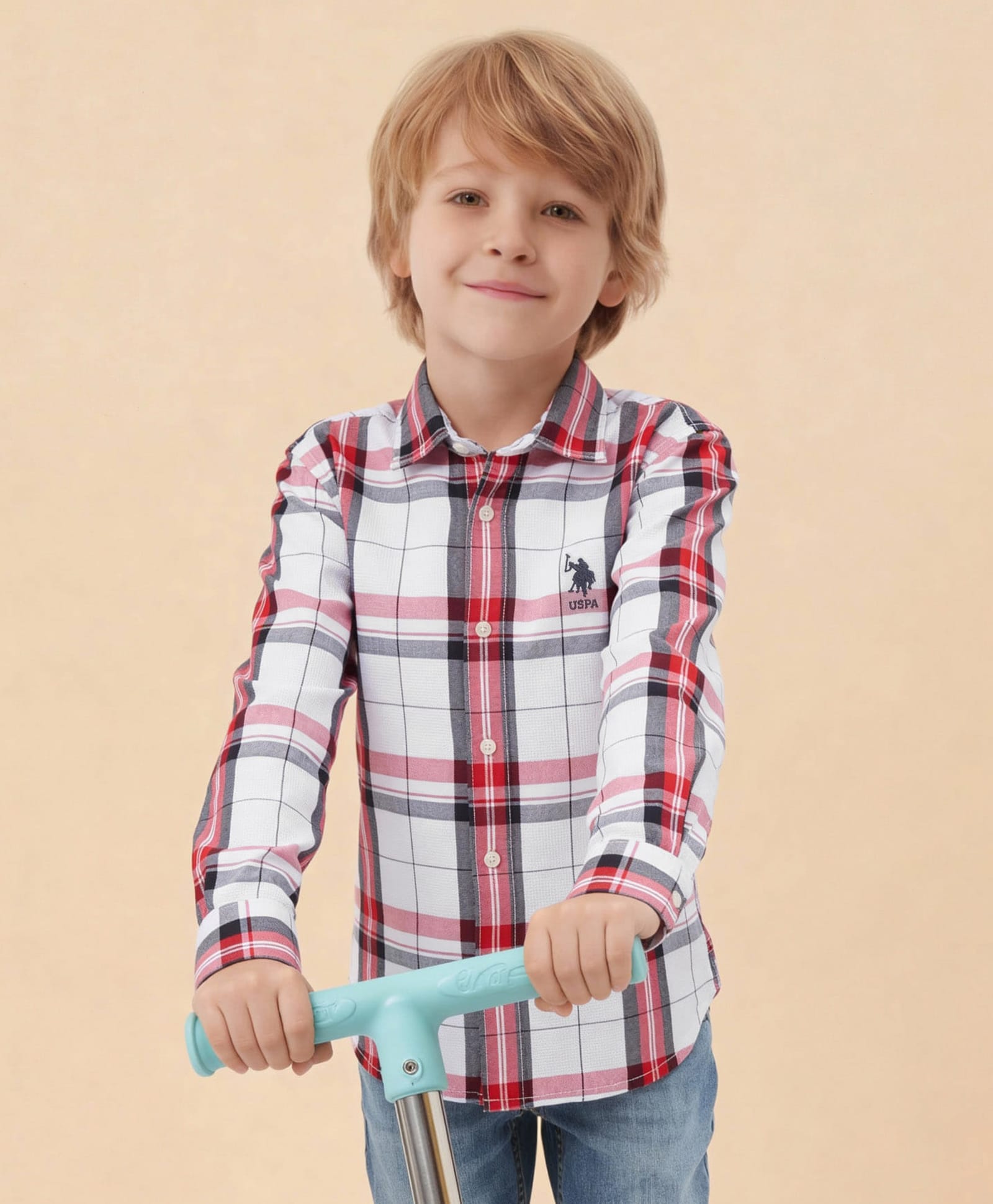 U.S. Polo Assn. Kids Cotton Woven Half Sleeves Brand Name Embroidered & Checked Shirt - Red-picture-42