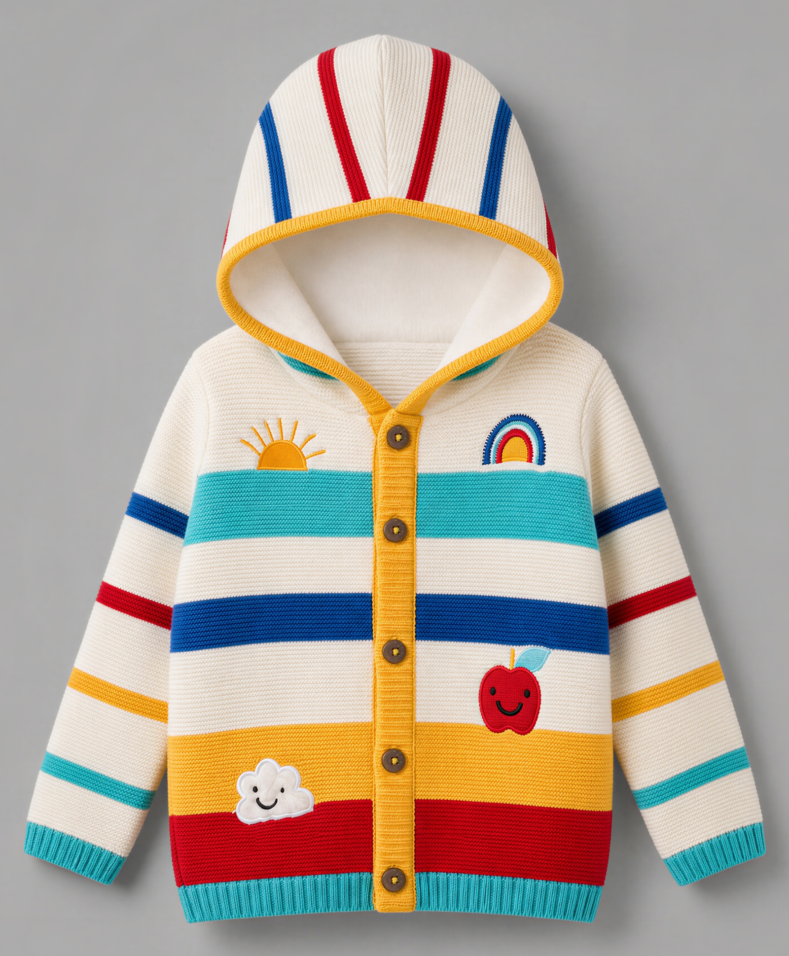 Babyhug Knit Full Sleeves Front Open Hooded Striped Sweater with Rainbow & Cloud Design - White-image-20