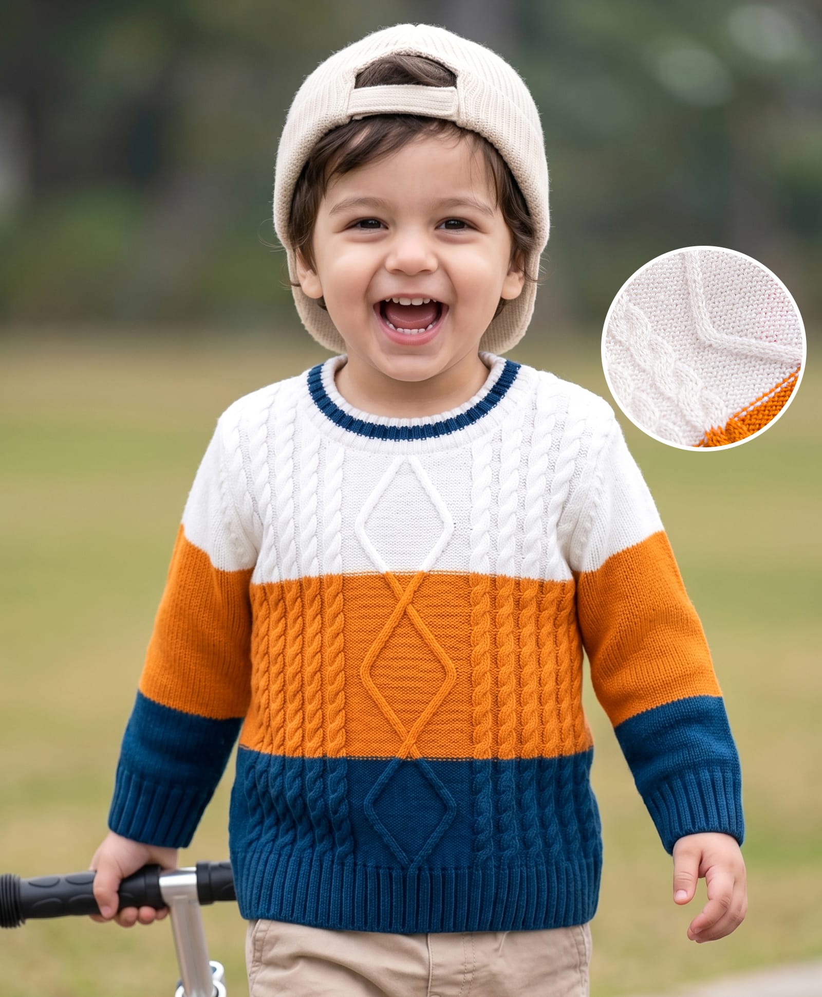 Babyhug Knit Full Sleeves Solid Colour Block Cable Knit Designed Pullover - White-picture-13