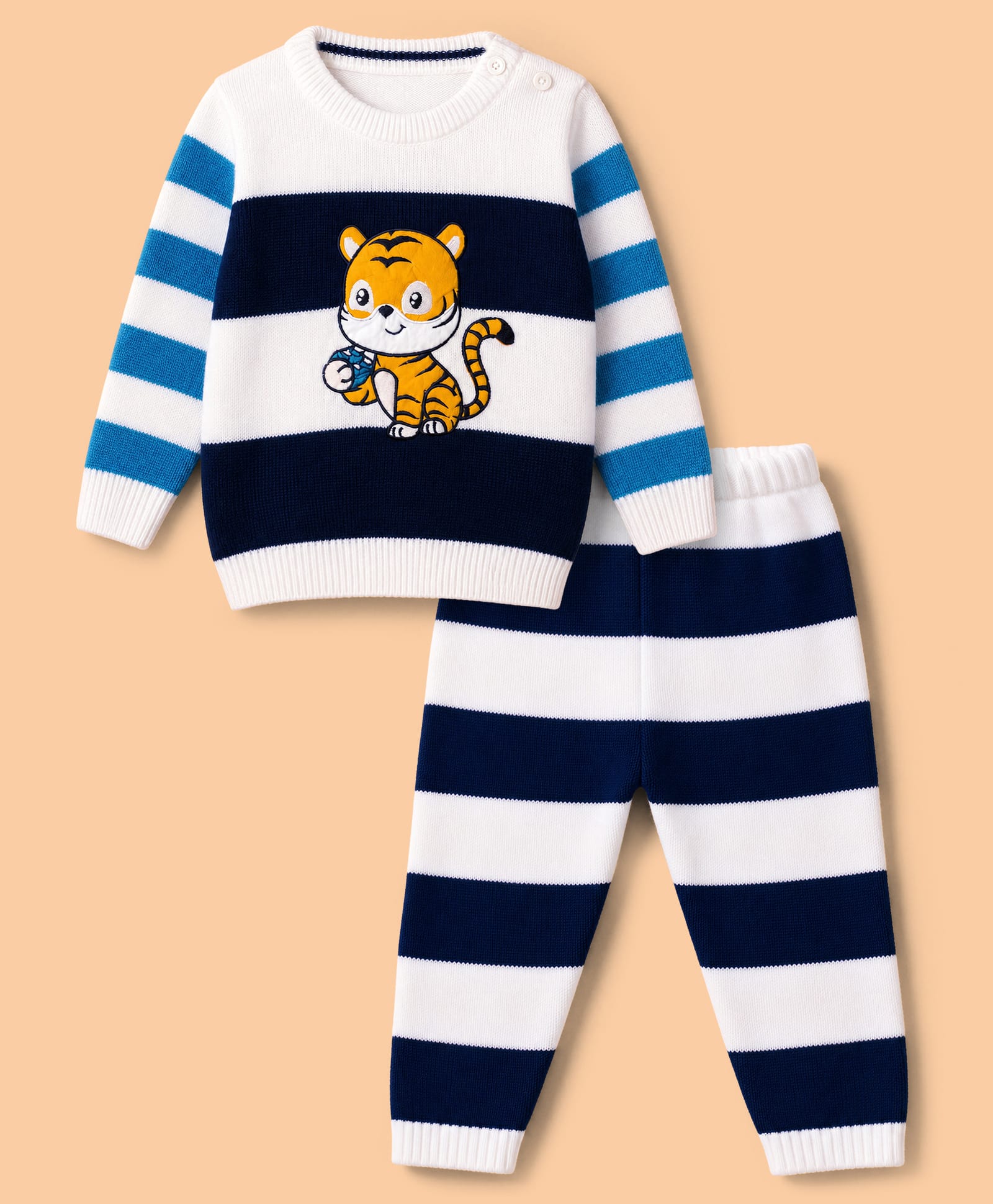 Babyhug Knit Full Sleeves Striped Sweater Set With Tiger Patch - Navy Blue-image-37