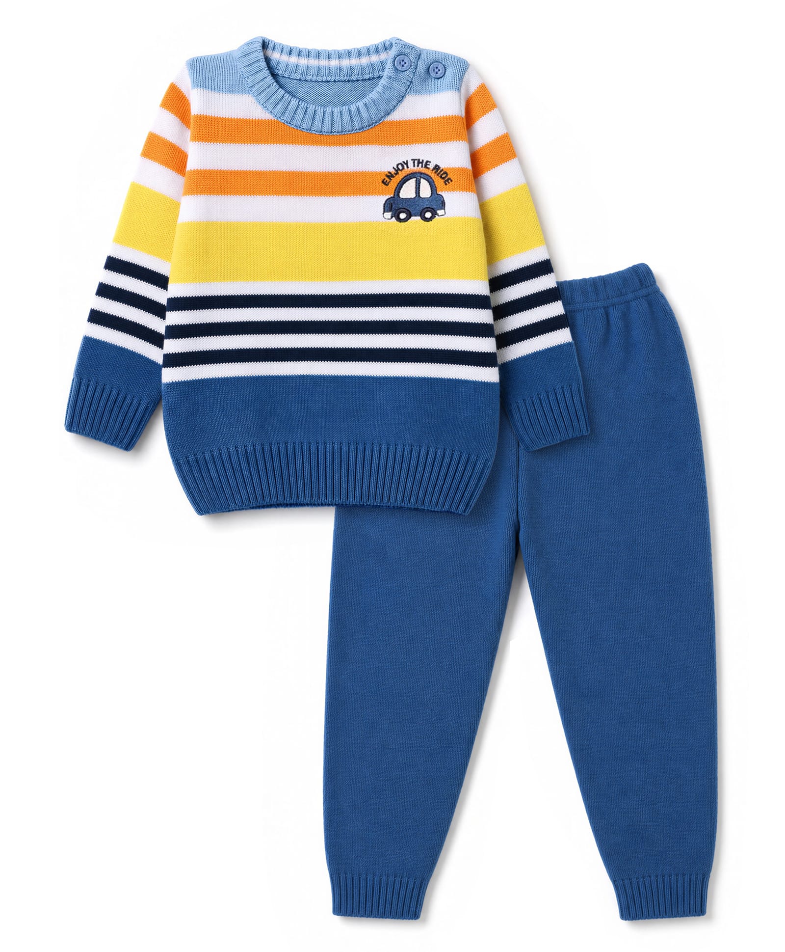 Babyhug Knit Full Sleeves Striped Sweater Set with Vehicle Embroidery - Navy Blue-image-32