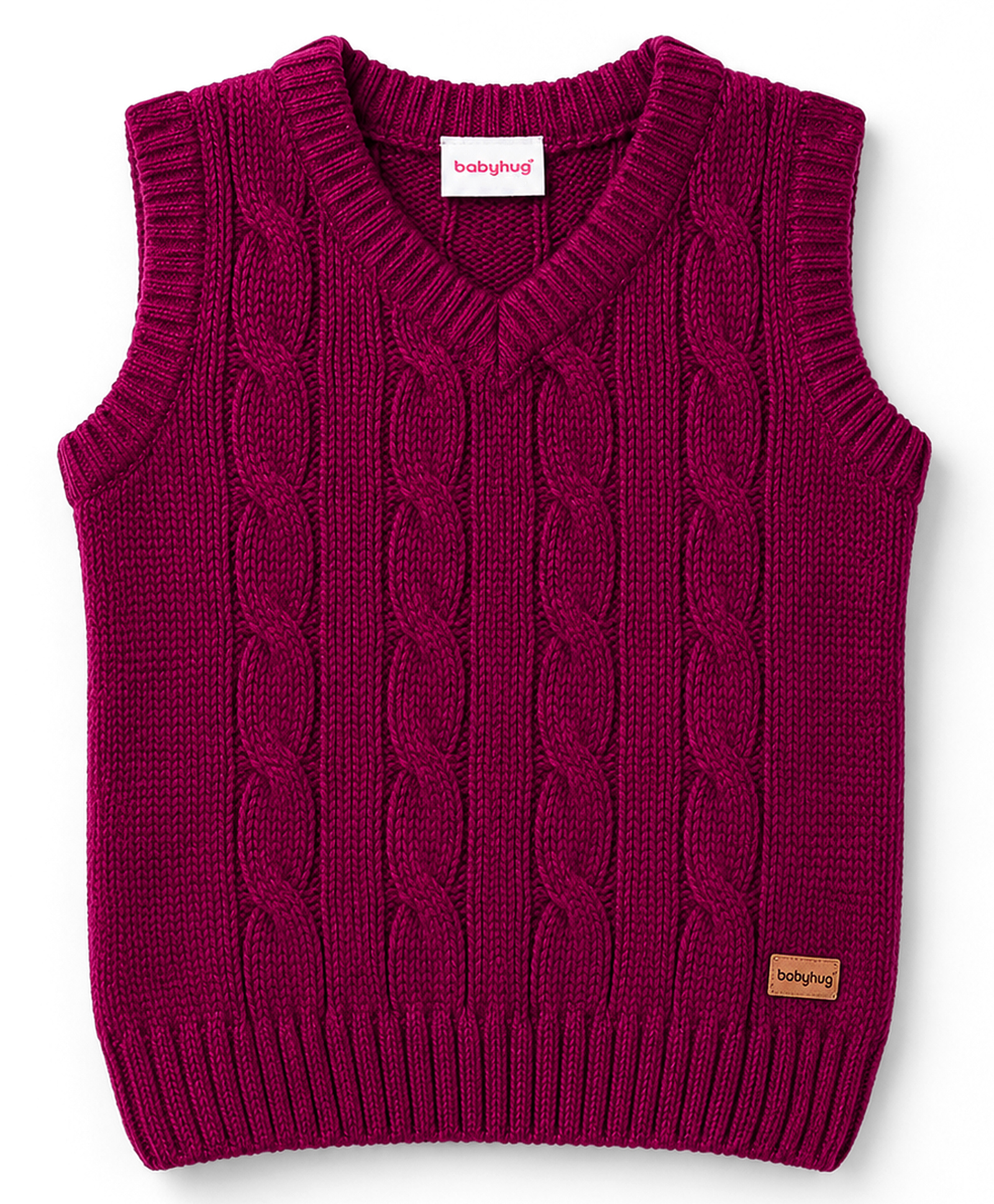 Babyhug Knit Sleeveless Solid Colour Pullover with Cable Knit Design-Maroon-picture-13