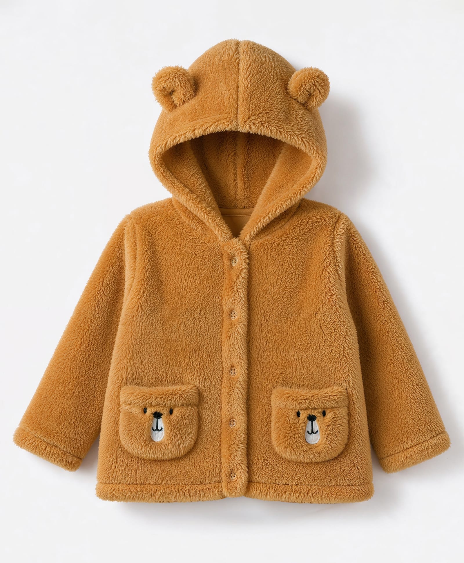 Babyhug Fur Knit Hoodie with Full Sleeves and Bear Print - Mustard-picture-19