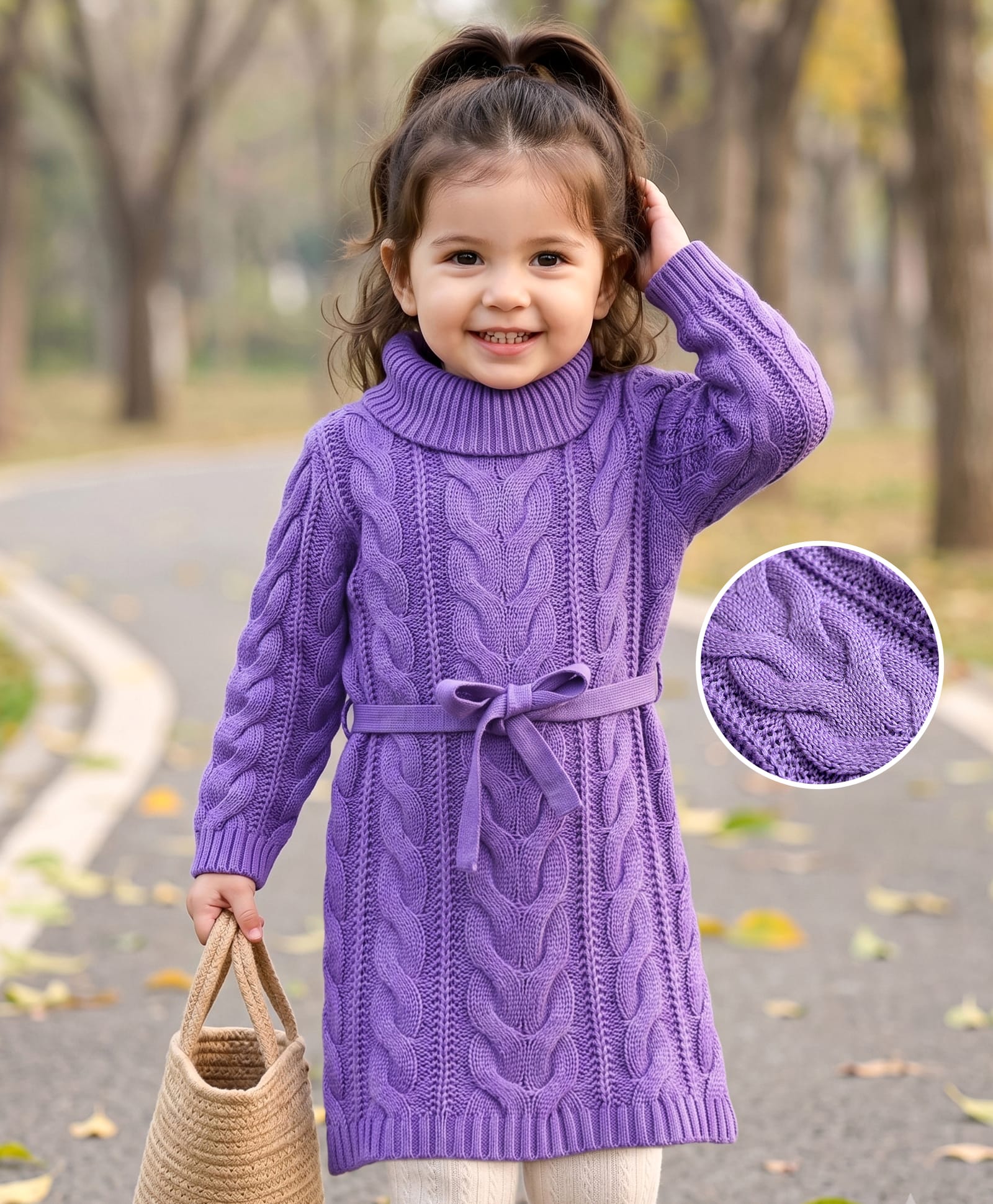 Babyhug Woollen Knit Full Sleeves Solid Colour Sweater Dress & Belt with Cable Knit Design - Lavender-picture-30