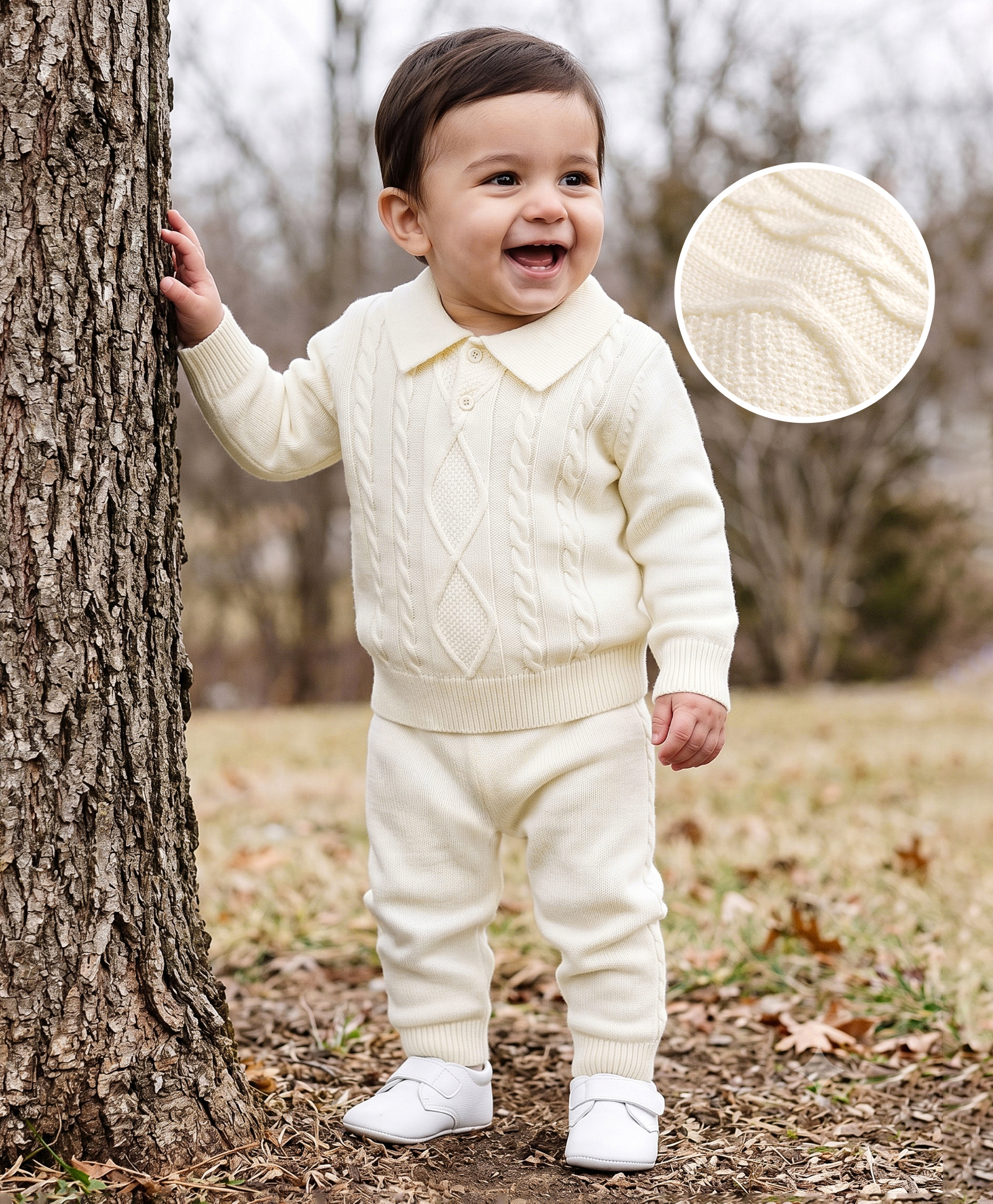 Babyhug Knit Full Sleeves Polo Collar Neck Solid Colour Cable Knit Designed Sweater Set - White-picture-11
