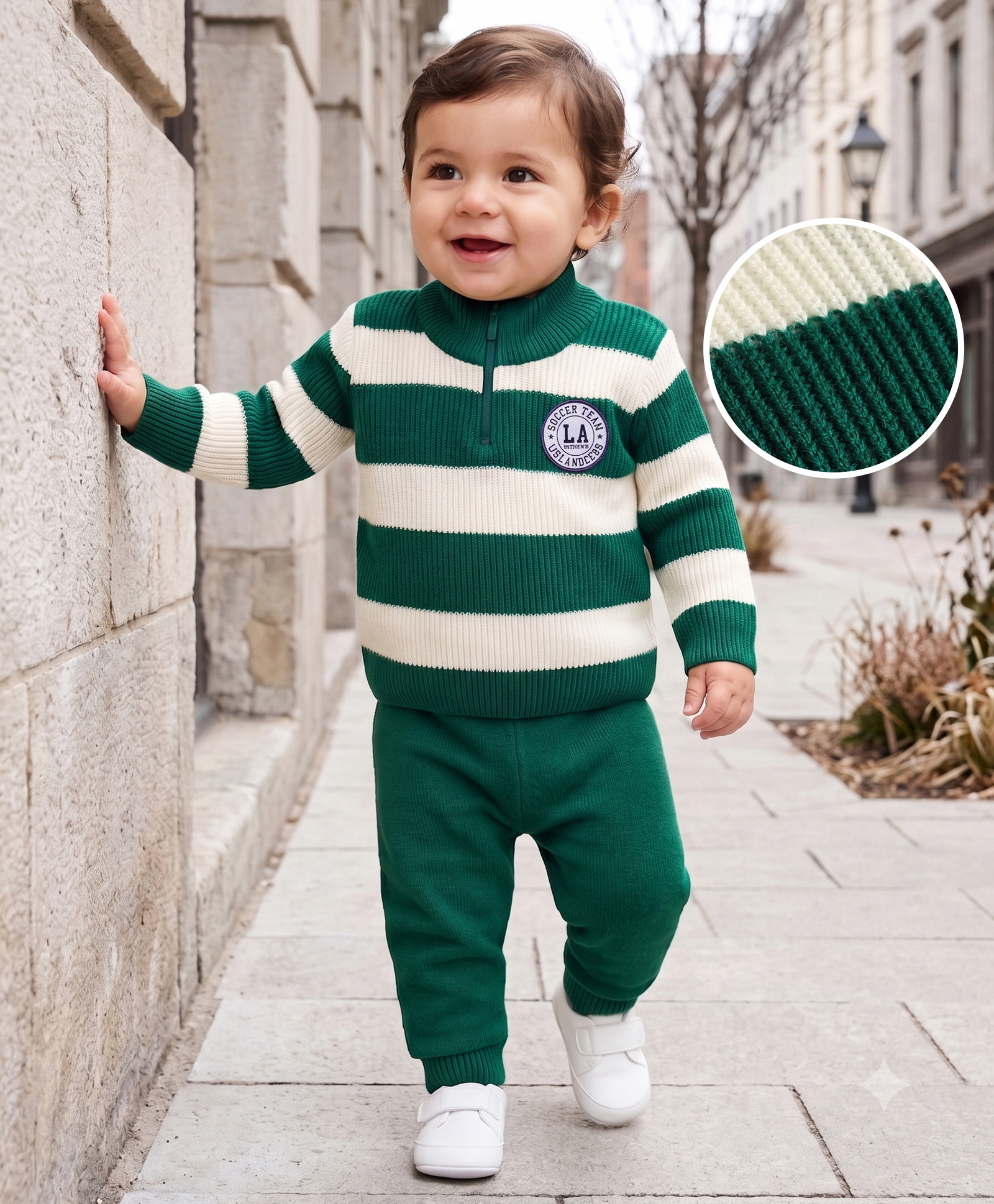 Babyhug Knit Full Sleeves Striped Sweater Set - Green-image-42